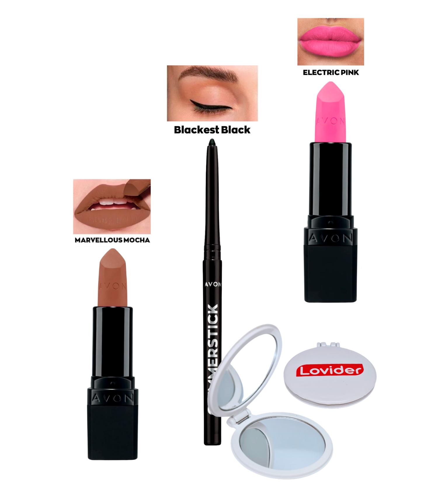 Avon Marvellous Mocha Matte Lipstick + Black Eyeliner + Electric Pink Matte Lipstick + Lovider Pocket Mirror