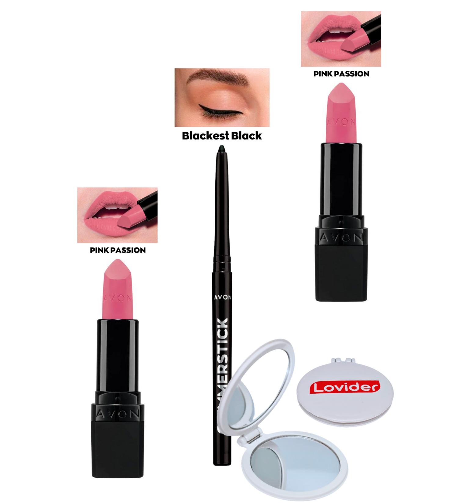 Avon Pink Passion Matte Lipstick x 2 Pieces + Black Eyeliner + Lovider Pocket Mirror