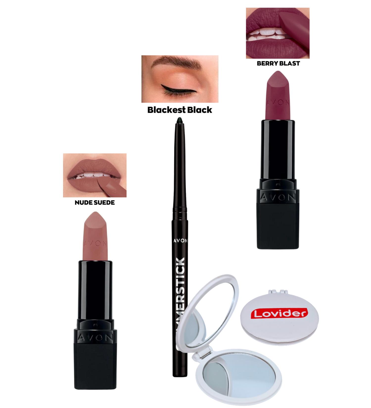 Avon Nude Suede Matte Lipstick + Black Eyeliner + Berry Blast Matte Lipstick + Lovider Pocket Mirror