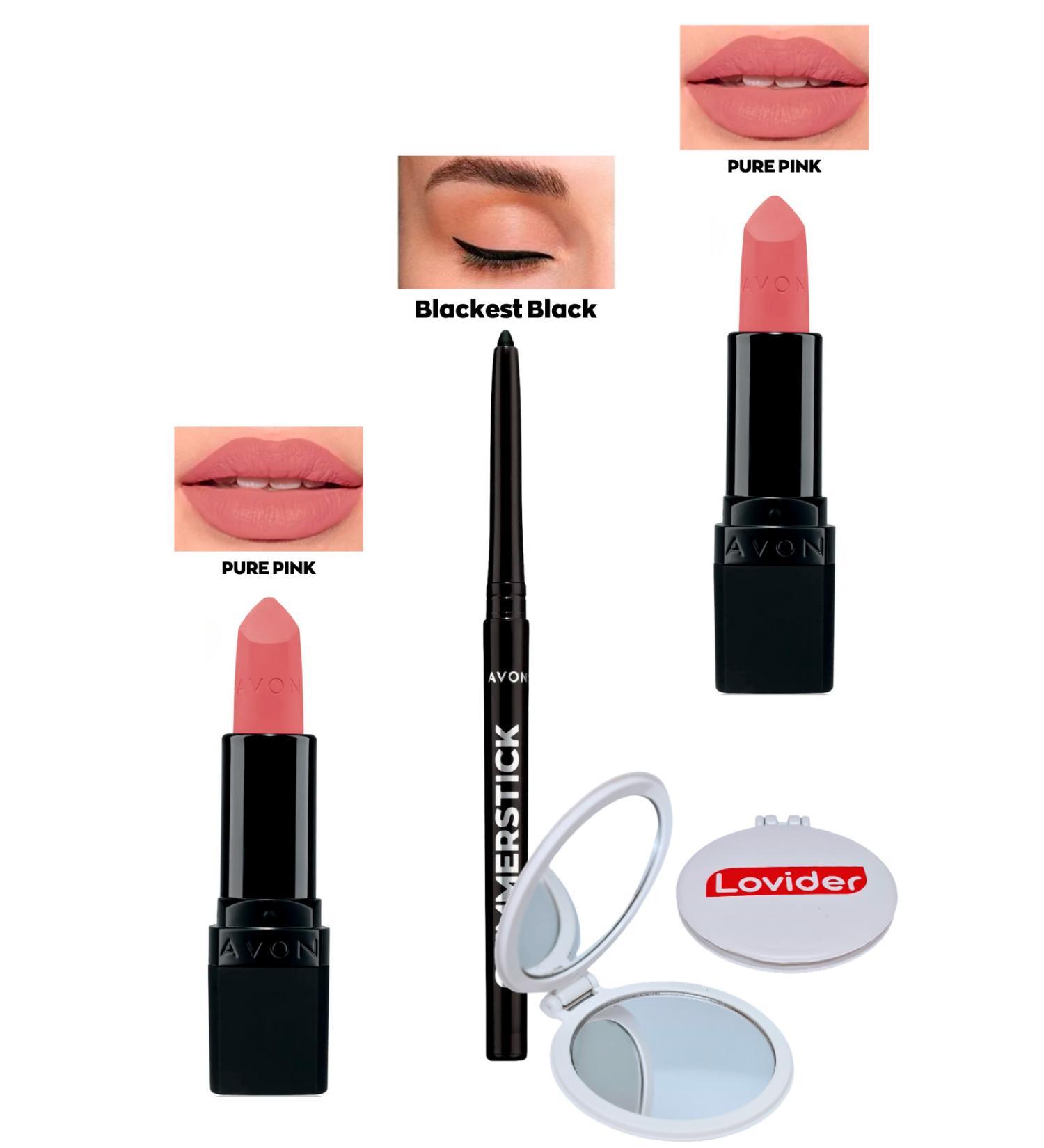 Avon Pure Pink Matte Lipstick x 2 + Black Eyeliner + Lovider Pocket Mirror