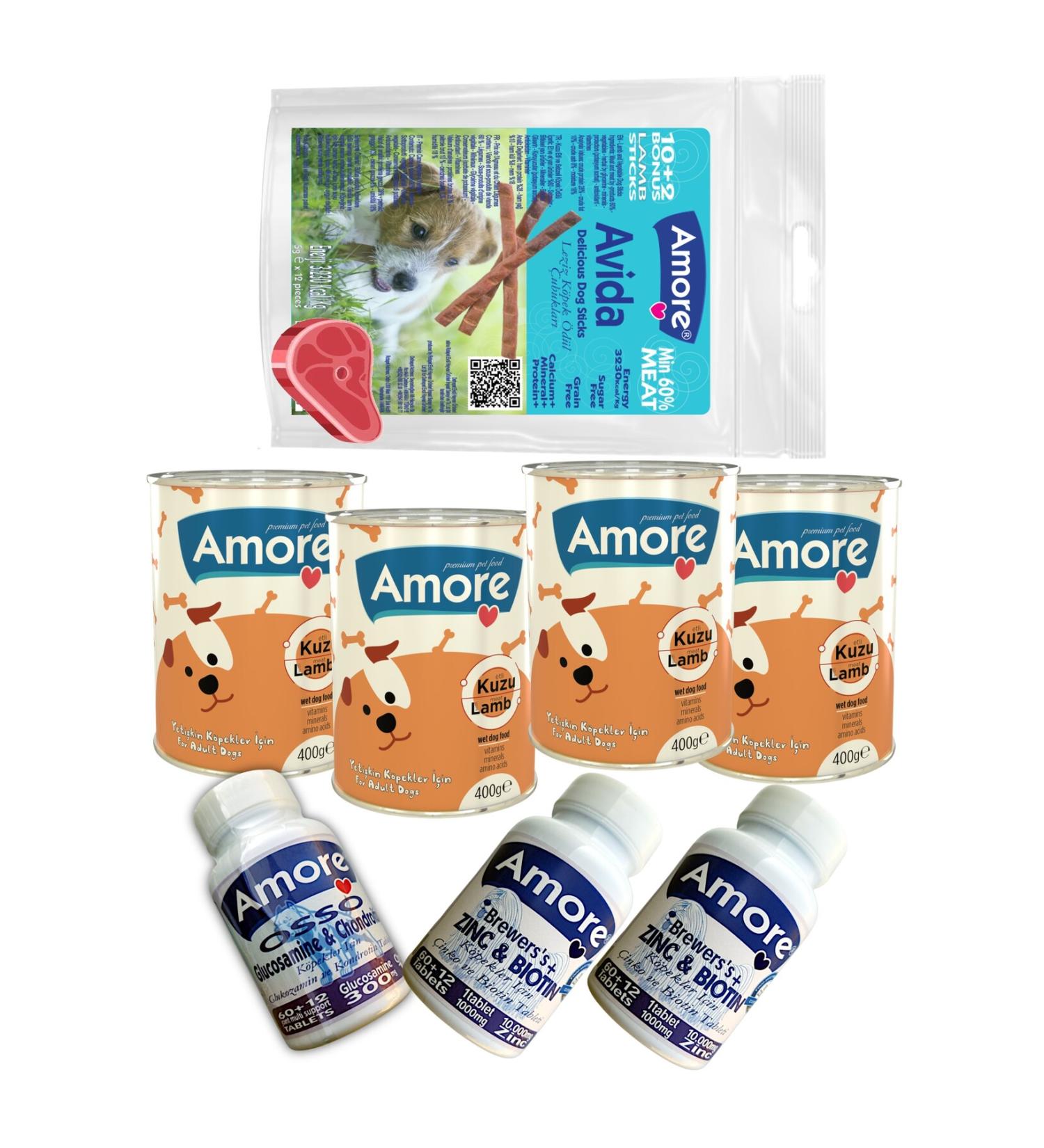 AMORE Lamb Meat 4-dog Canned Food Osso Dog Glucosamine Chondroitin 2 Zinc Biotin Tablets 12 Sticks