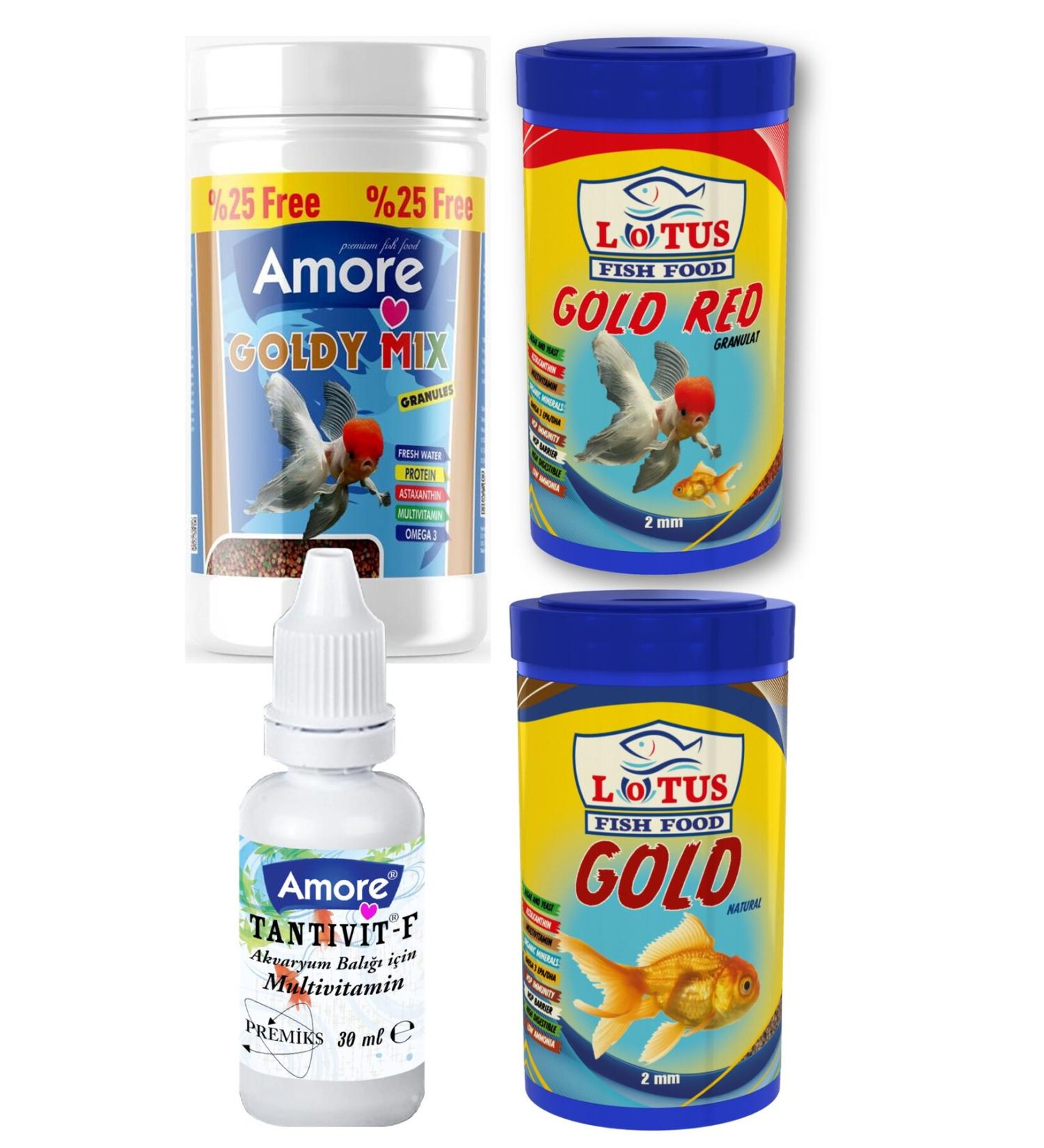 AMORE Goldy Mix Granules 125 ml Lotus Gold Red and Natural 250 ml Goldfish Food Vitamin Set