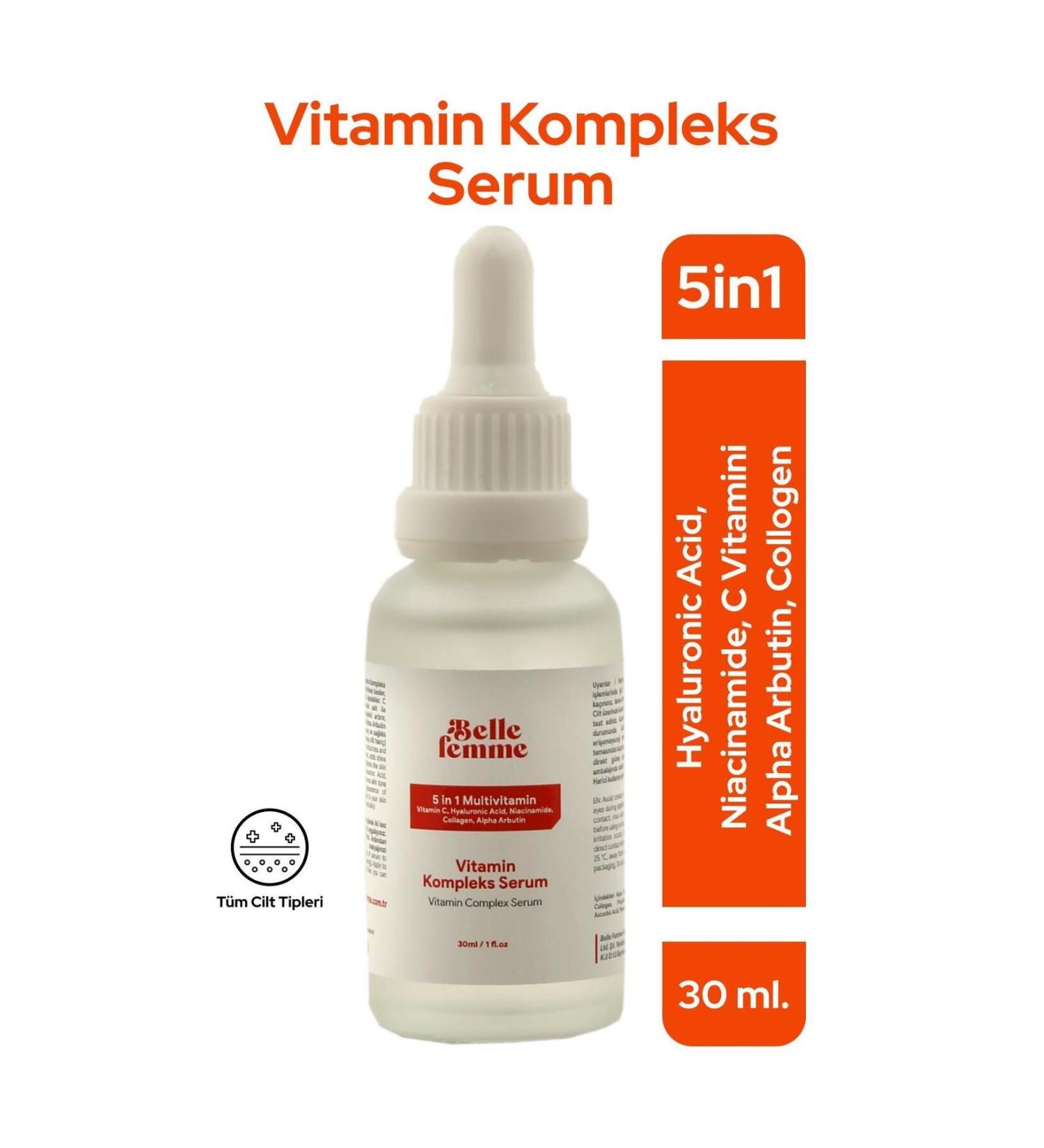 Belle Femme Vitamin Complex 5in1 Skin Care Serum. Hyaluronic Acid-Vitamin C-Collagen Alpha Arbuti