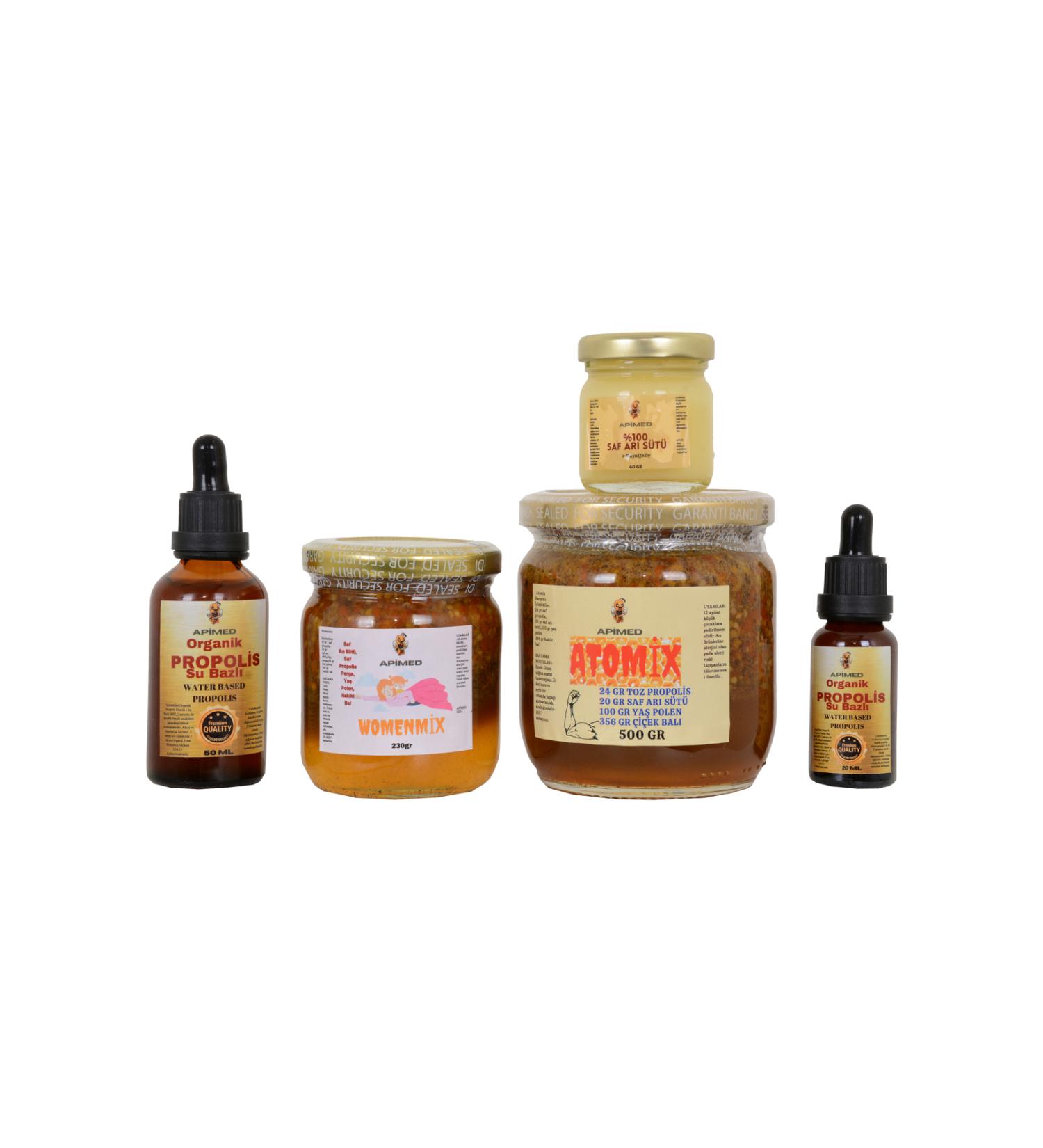 APIMED STRENGTH SET ATOM X (500GR) + WOMENMIX (230GR) + PROPOL S WATER BASED (50 + 20ML) + ROYAL JELLY (40GR)