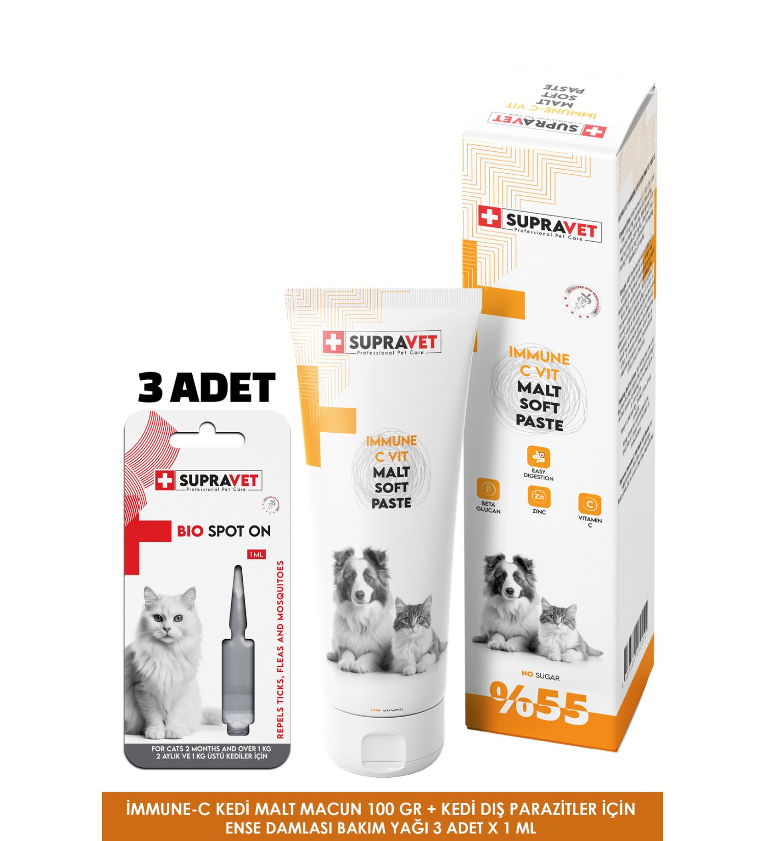 Supravet Immune Vitamin C Cat Malt Paste 100 Gr + Cat External Parasite Care Oil Drops 3 PCS - Buy Online on GoSupps.com