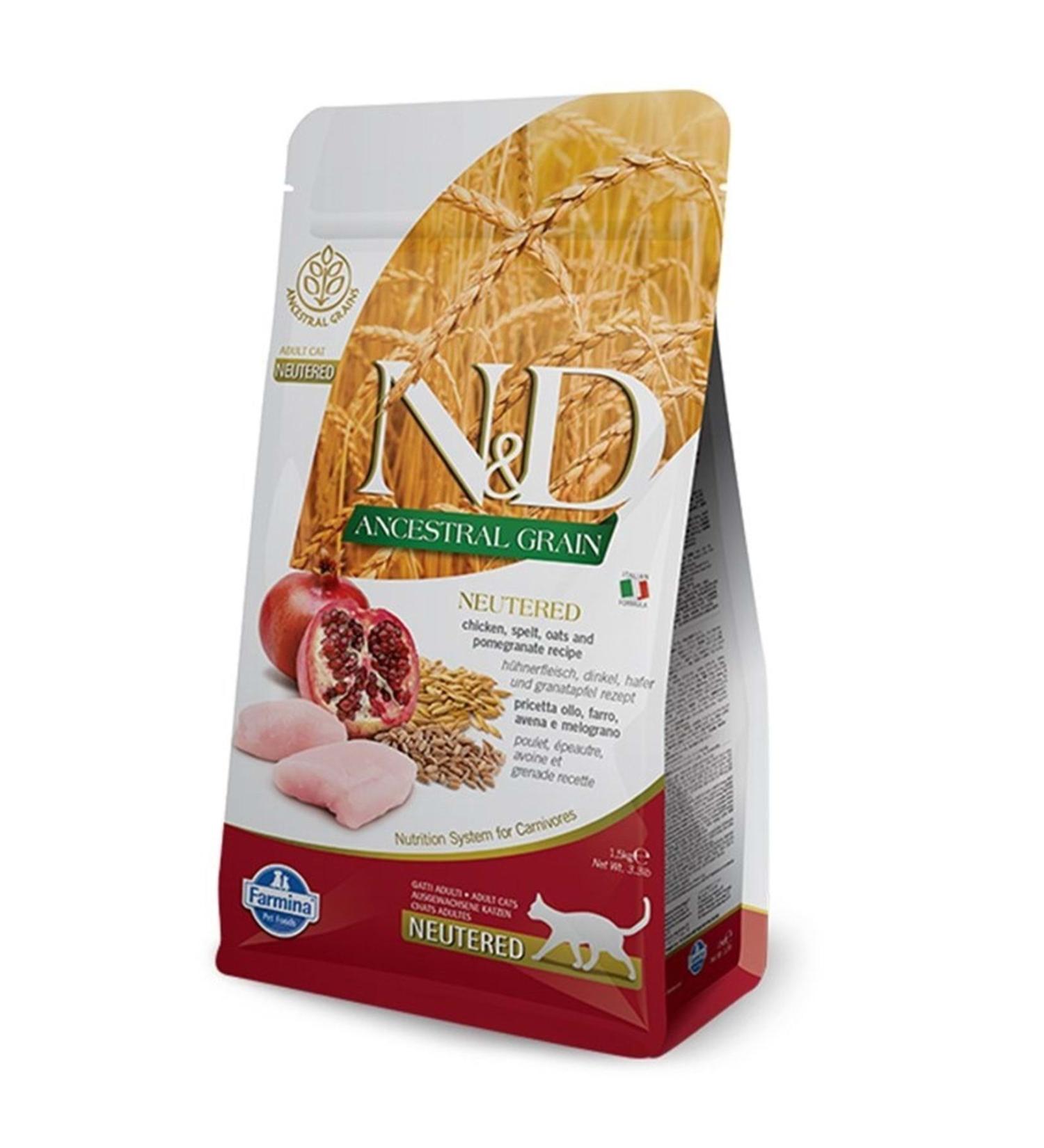 N & D 5 kg Neutered Anc.gra. Low Grain Chicken Boneless Wheat Oat Pomegranate Adult Neutered Cat Food