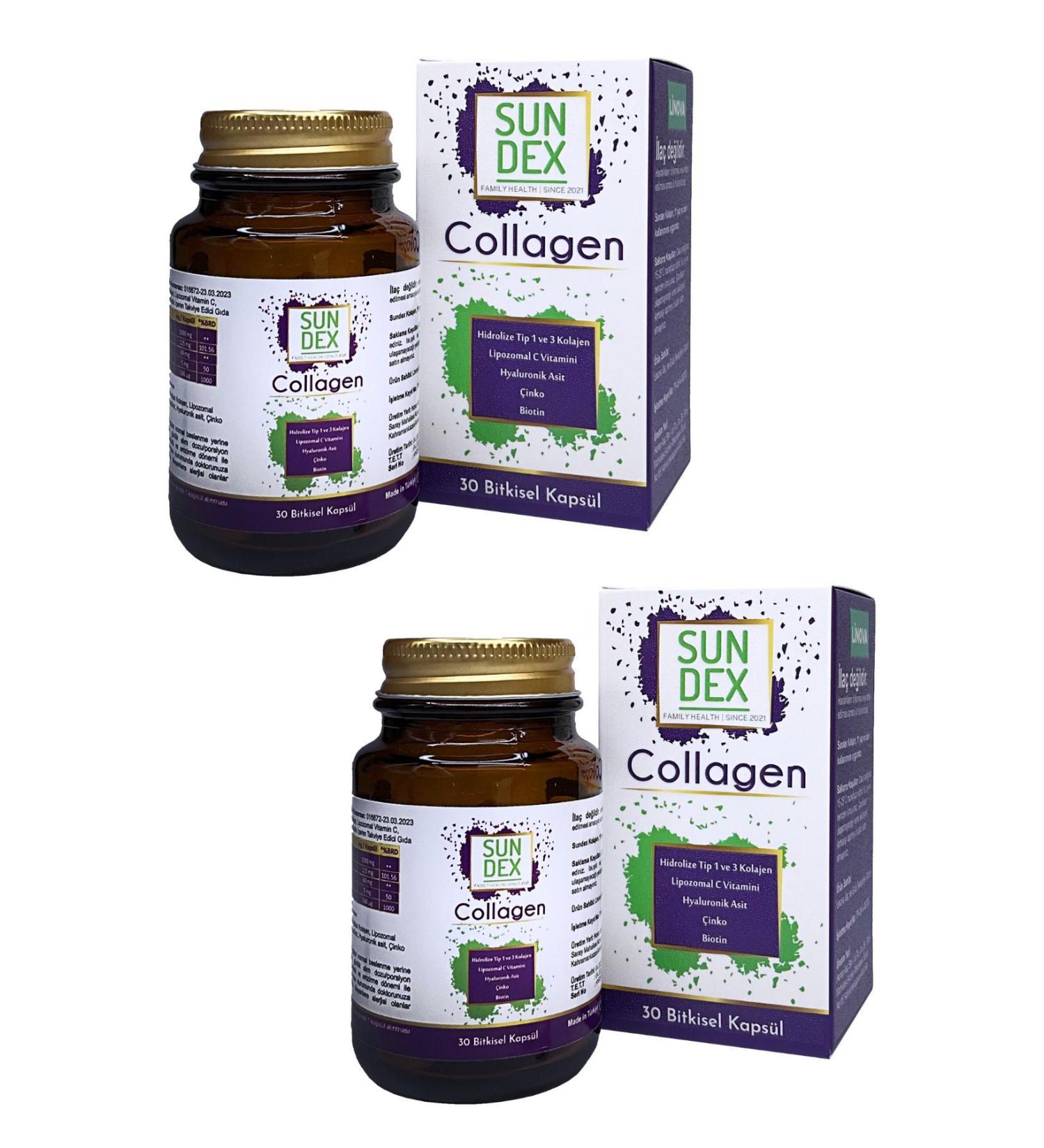 Sun Dex Family Health Since 2021 2-pack Collagen Hydrolyzed Type I-III Collagen Liposomal C Hyaluronic Acid Zinc Biotin 30 Capsules