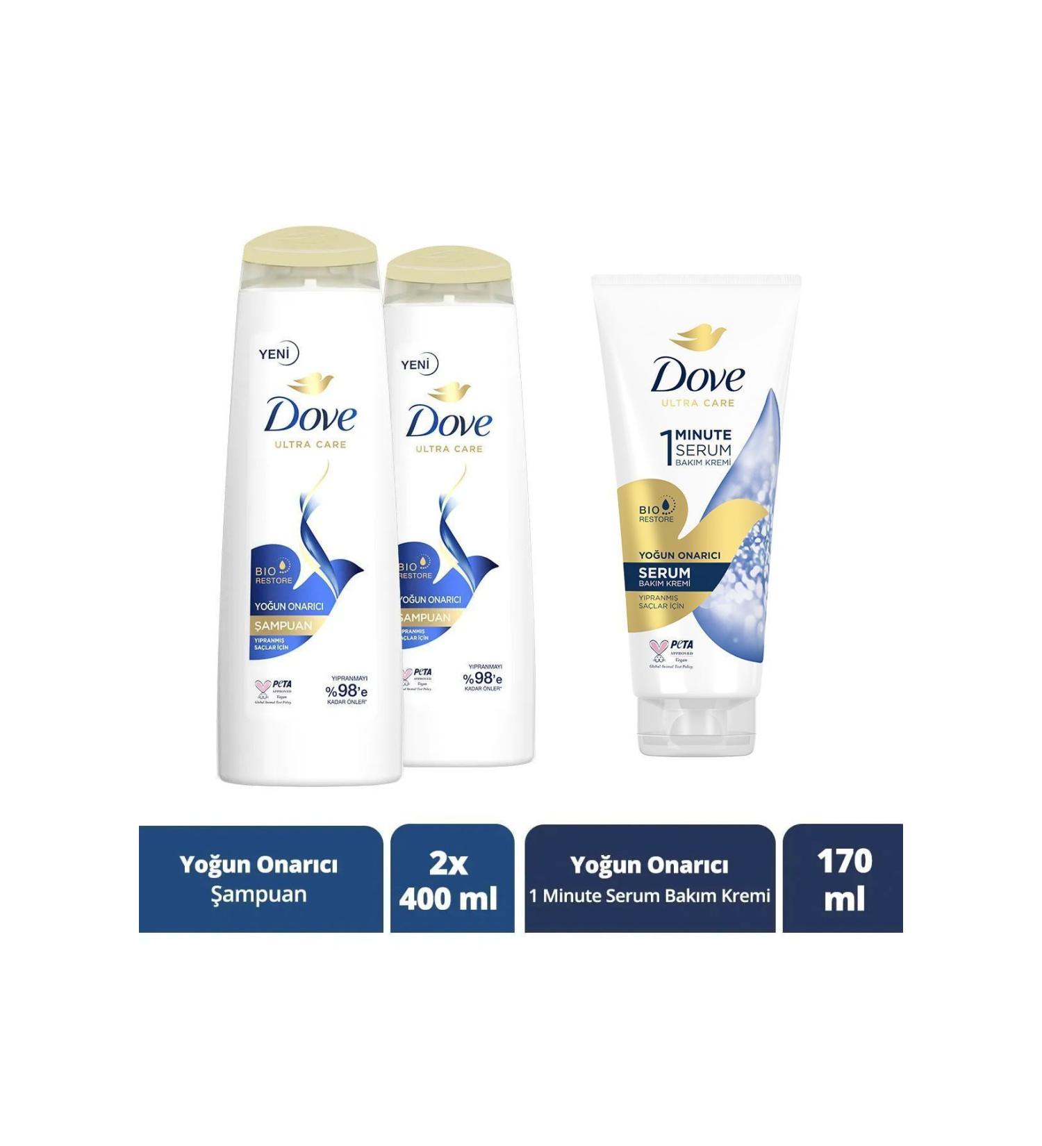 Dove Ultra Care Hair Care Shampoo Intensive Repair 400 ml X2 1 Minute Serum Care Conditioner 170 ml - Buy Online on GoSupps.com