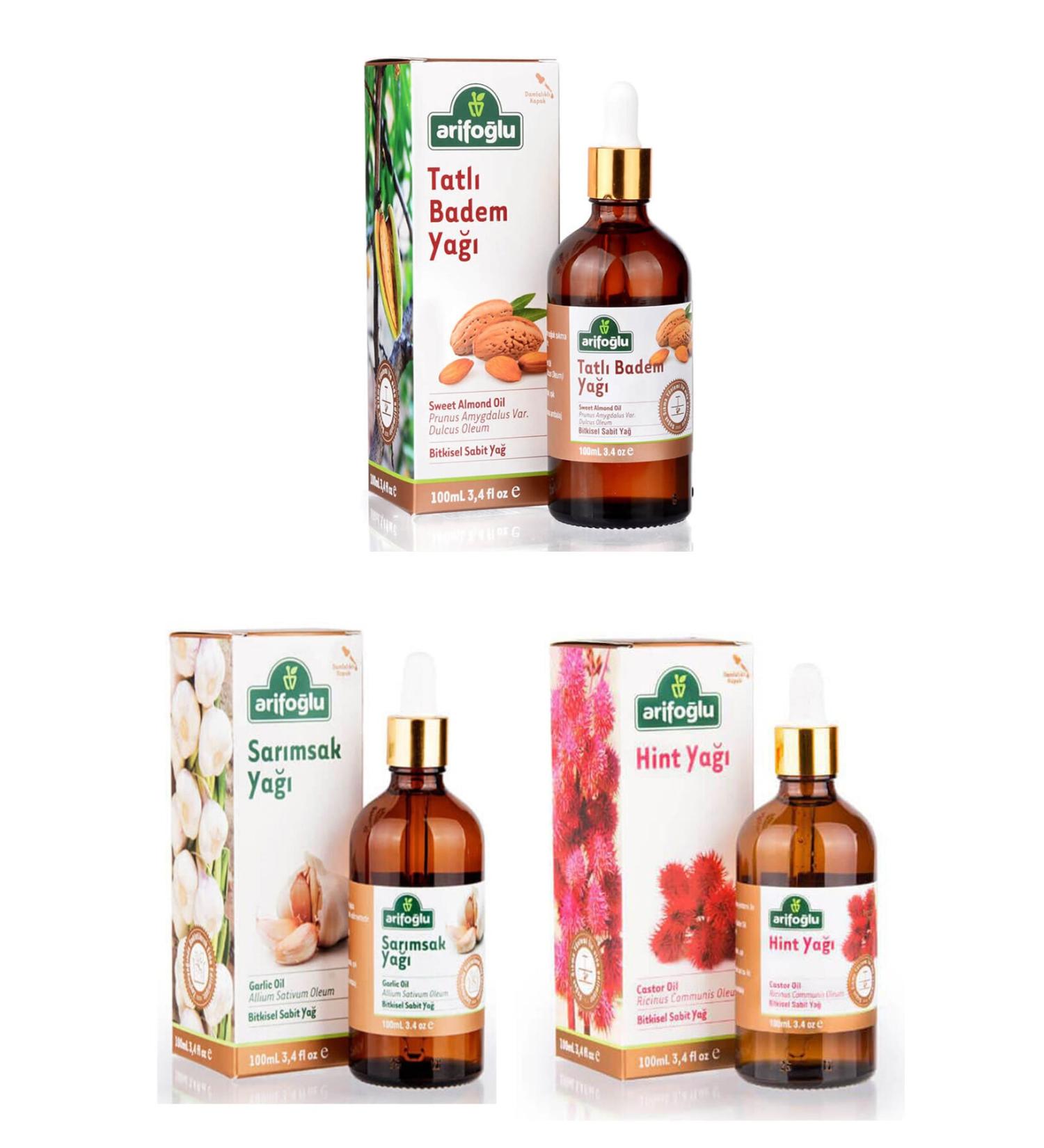Arifo lu Almond Oil Castor Oil Garlic Oil Set of 3 100 ml X 3 Arifbademhintsrmsk100
