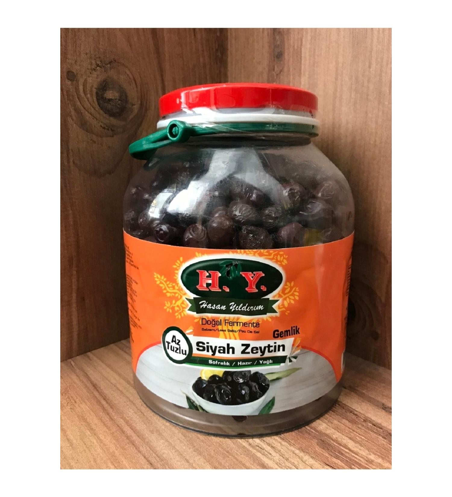 HY OLIVE Hyzeytin Low Salt Table Black Olive Gemlik Natural Fermented (351-380)(1.800 Gr.)(glass Pet)