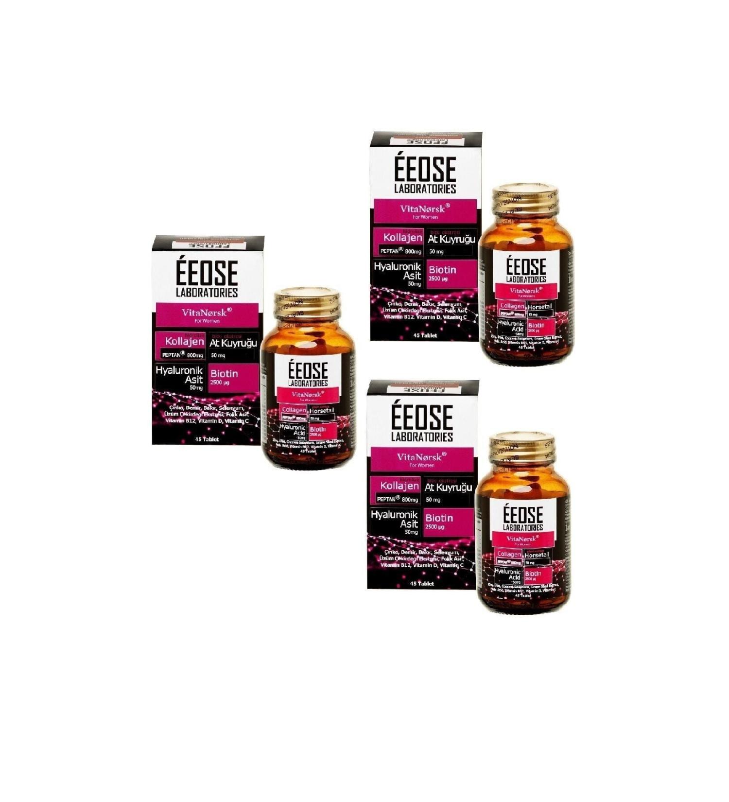 Eeose Collagen Tablet (Collagen + Hyaluronic Acid + Horsetail + Biotin + Vitamin C) 45 Tablets-3 Pieces