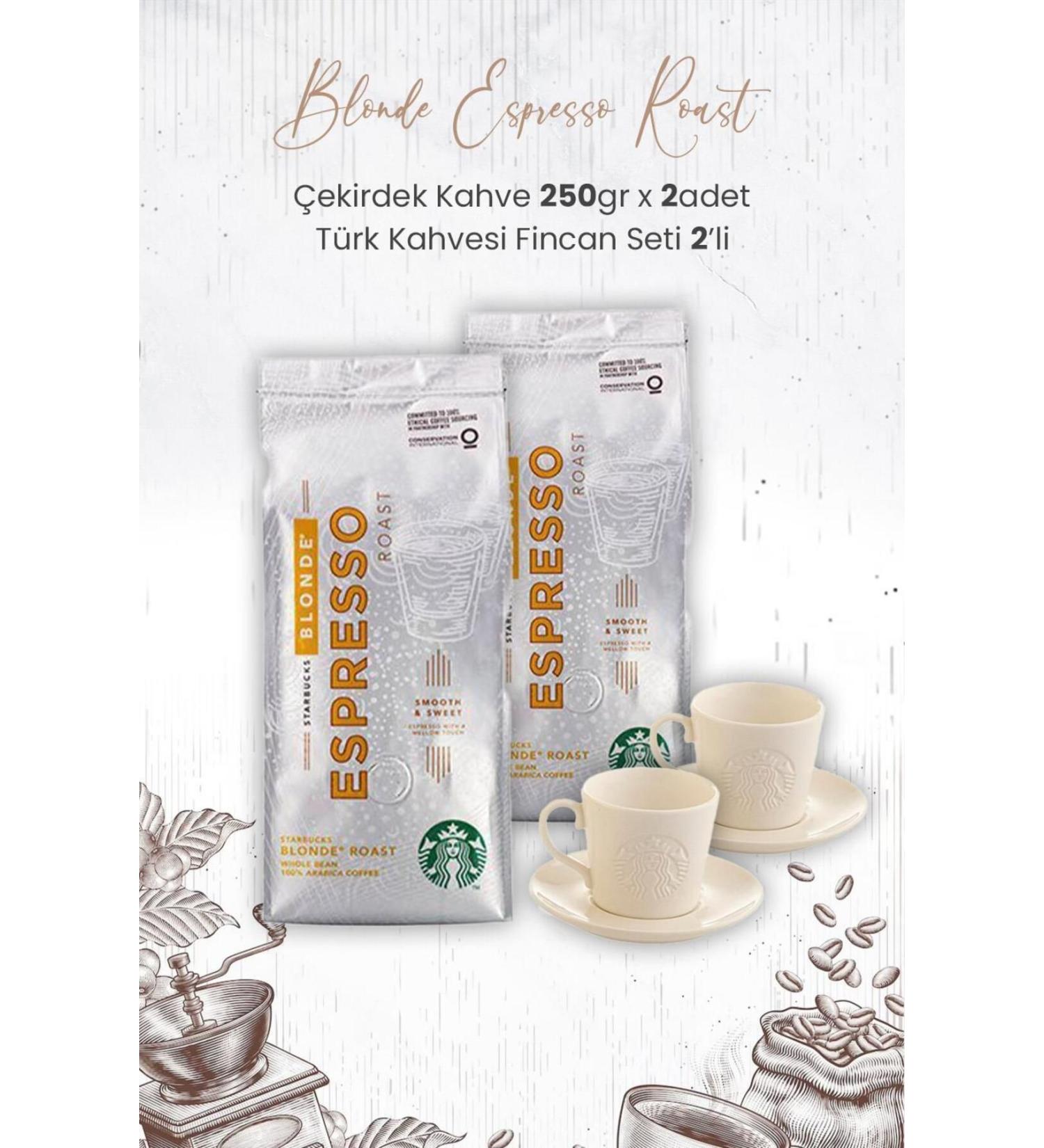 Starbucks Blonde Espresso Roast Bean Coffee 250 gr x 2 Pieces and Turkish Coffee Cup Set of 2