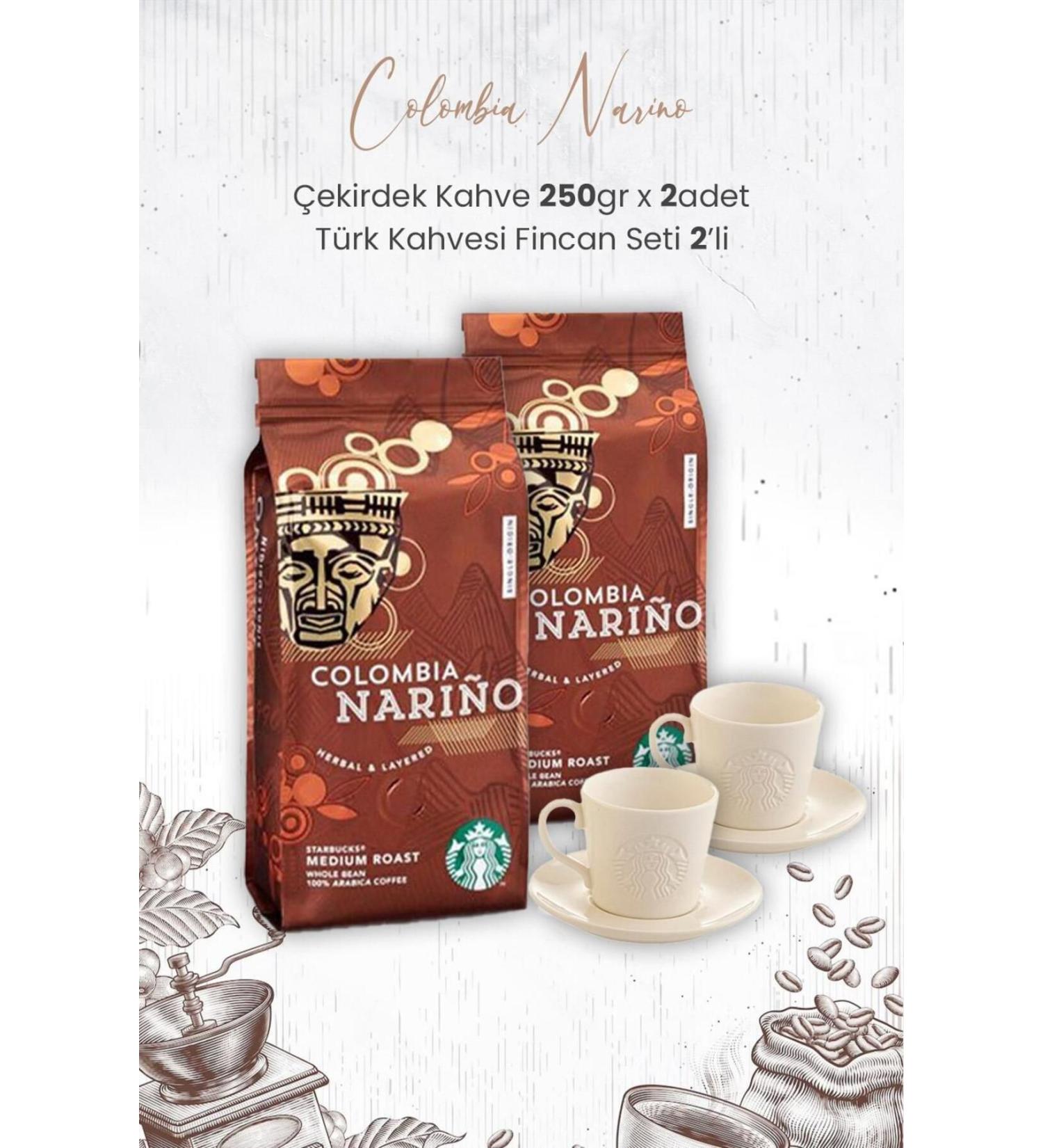 Starbucks Colombia Narino Bean Coffee 250 gr x 2 Pieces and Turkish Coffee Cup Set of 2