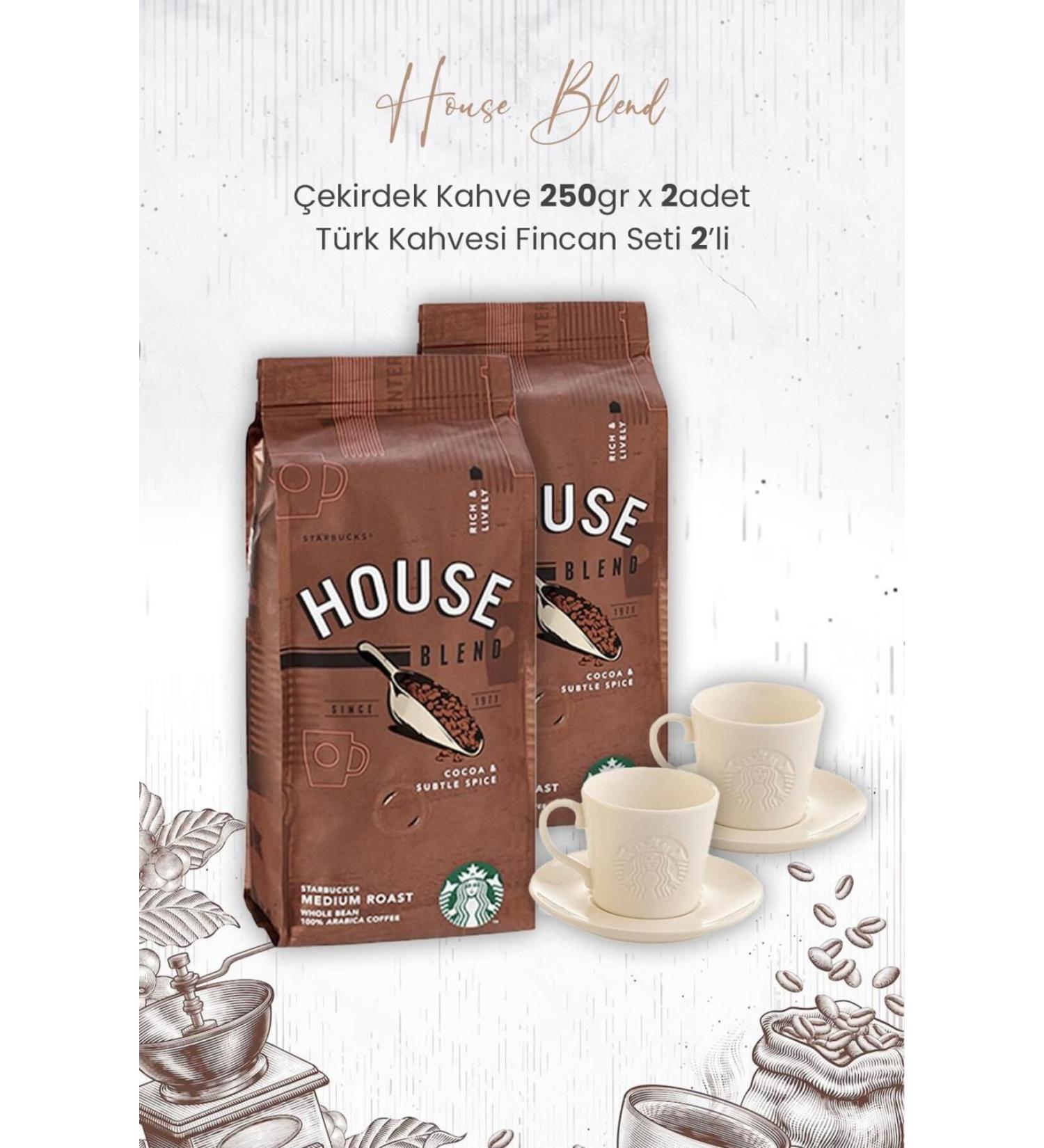 Starbucks House Blend Bean Coffee 250 gr x 2 Pieces and Turkish Coffee Cup Set of 2