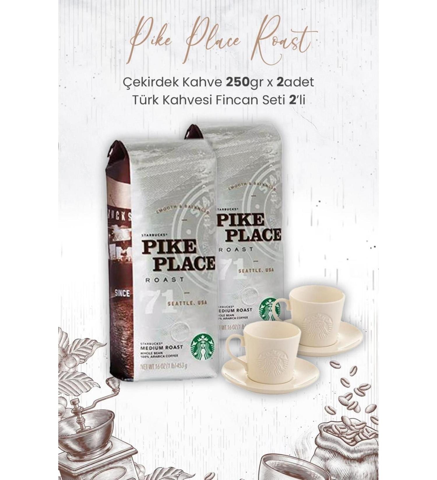 Starbucks Pike Place Roast Bean Coffee 250 gr x 2 Pieces and Turkish Coffee Cup Set