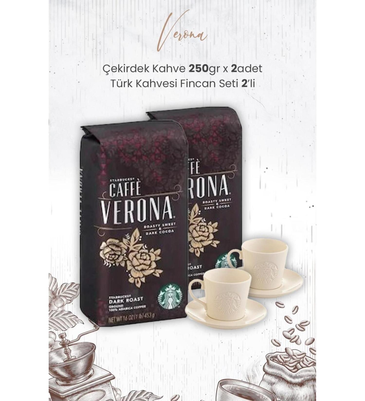 Starbucks Verona Coffee Beans 250 gr x 2 Pieces and Turkish Coffee Cup Set of 2