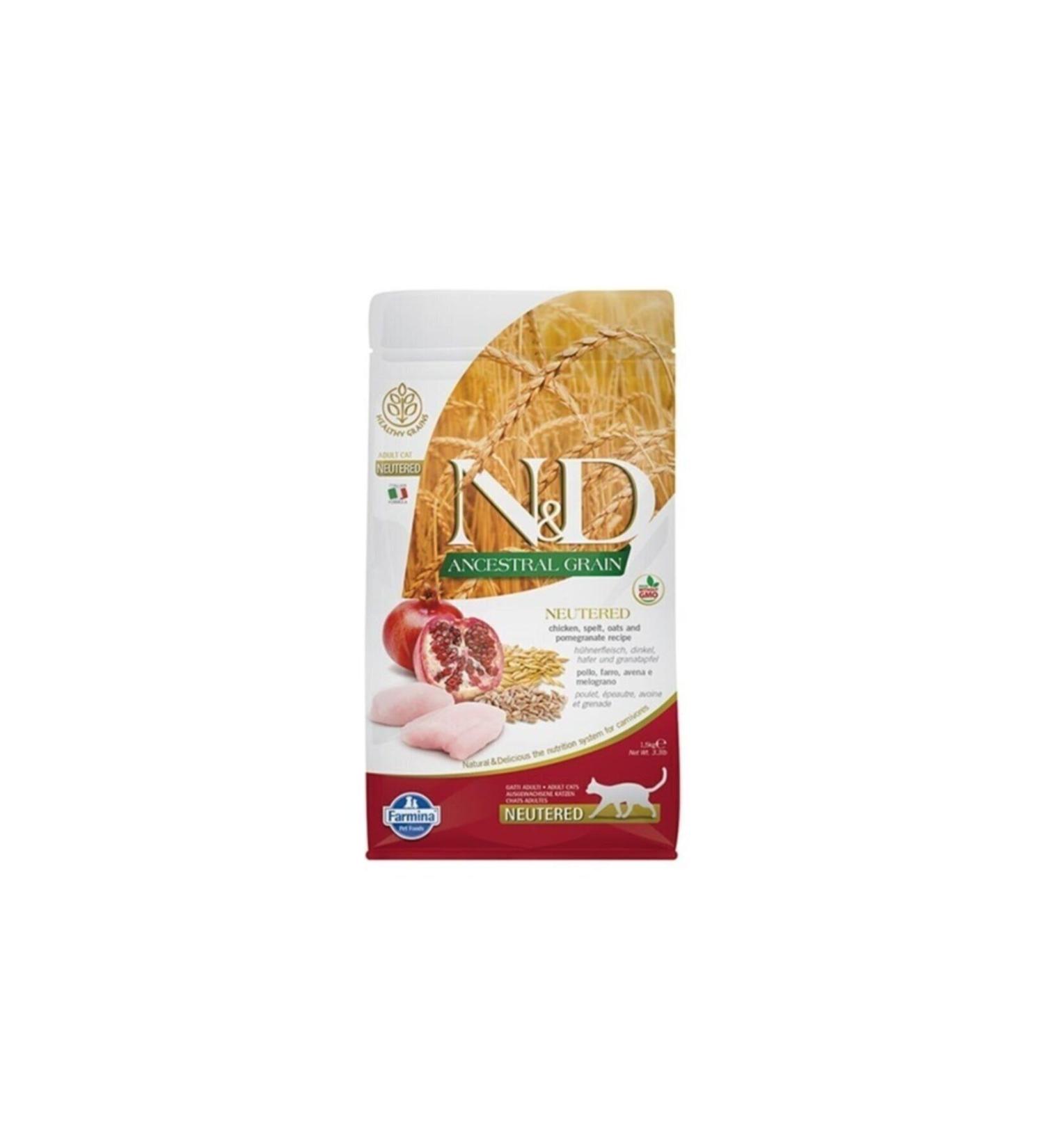 N & D Nd Ancestral Grain Low Grain Chicken and Pomegranate Sterilized Cat Food 1.5 Kg