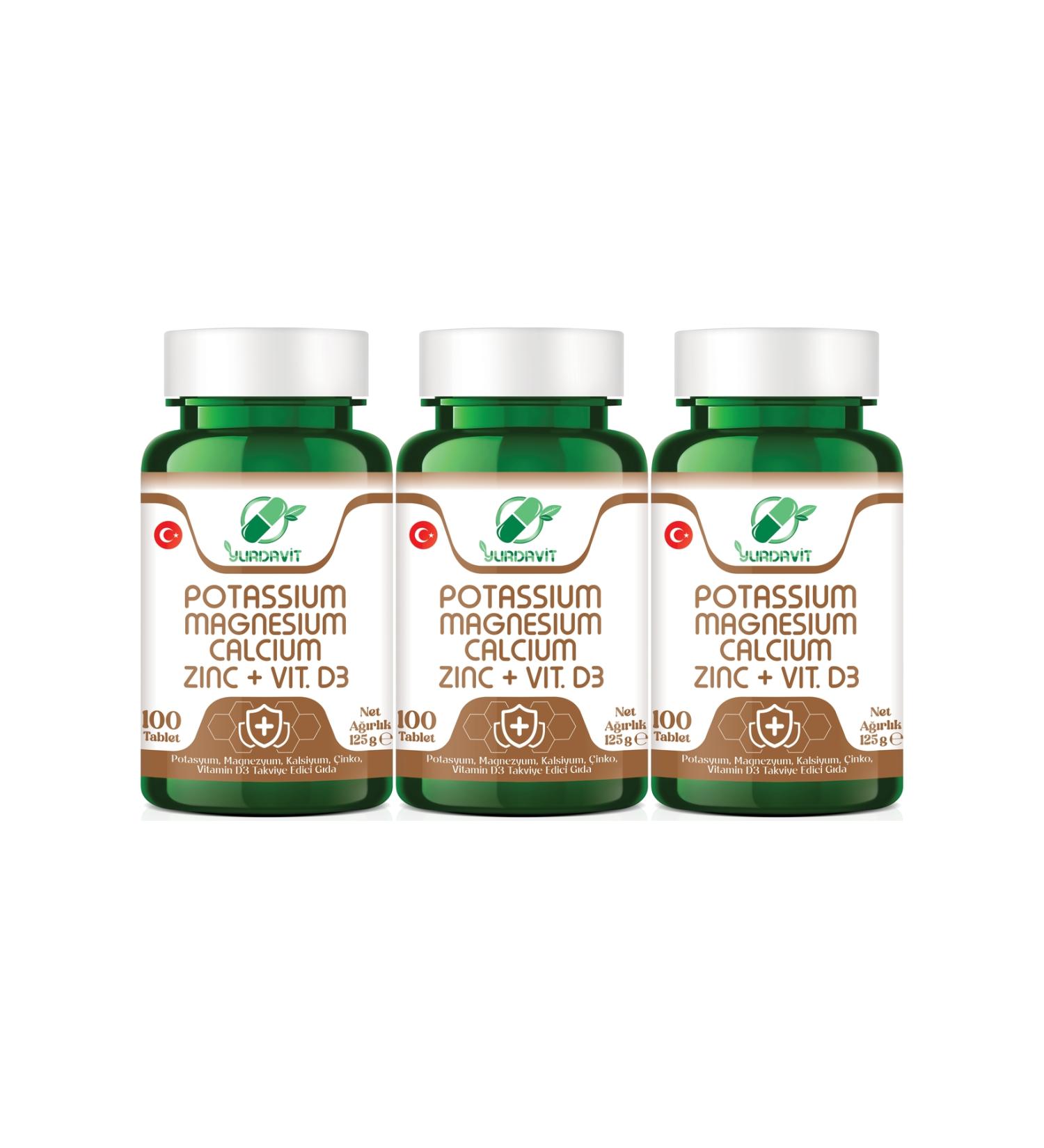 Yurdavit Potassium Magnesium Calcium Zinc Vitamin D3 3x100 Tablets Unflavored