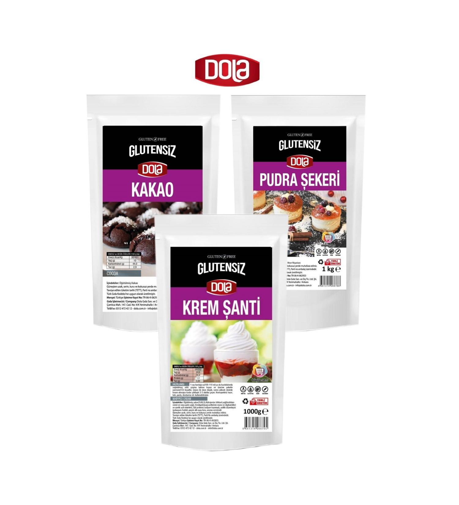 Dola 3-Piece Gluten-Free Cake Set Whipped Cream-Powdered Sugar and Cocoa 1 Kg X 3 Pieces - Buy Online on GoSupps.com