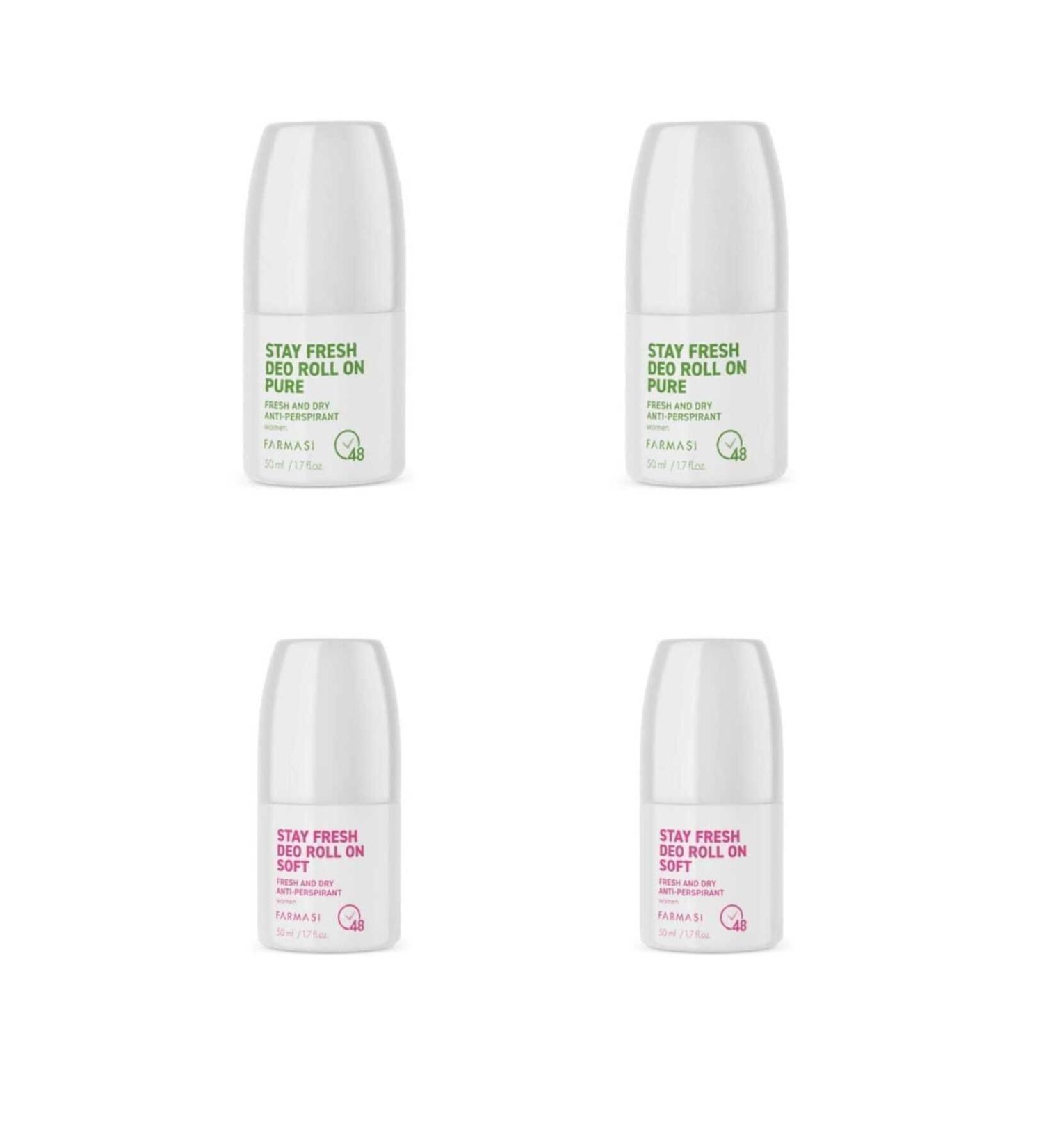 Farmasi Stay Fresh Deo Roll On Pure 50 Ml Women & Farmasi Stay Fresh Soft 50 ml Women Roll On (4 PCS)