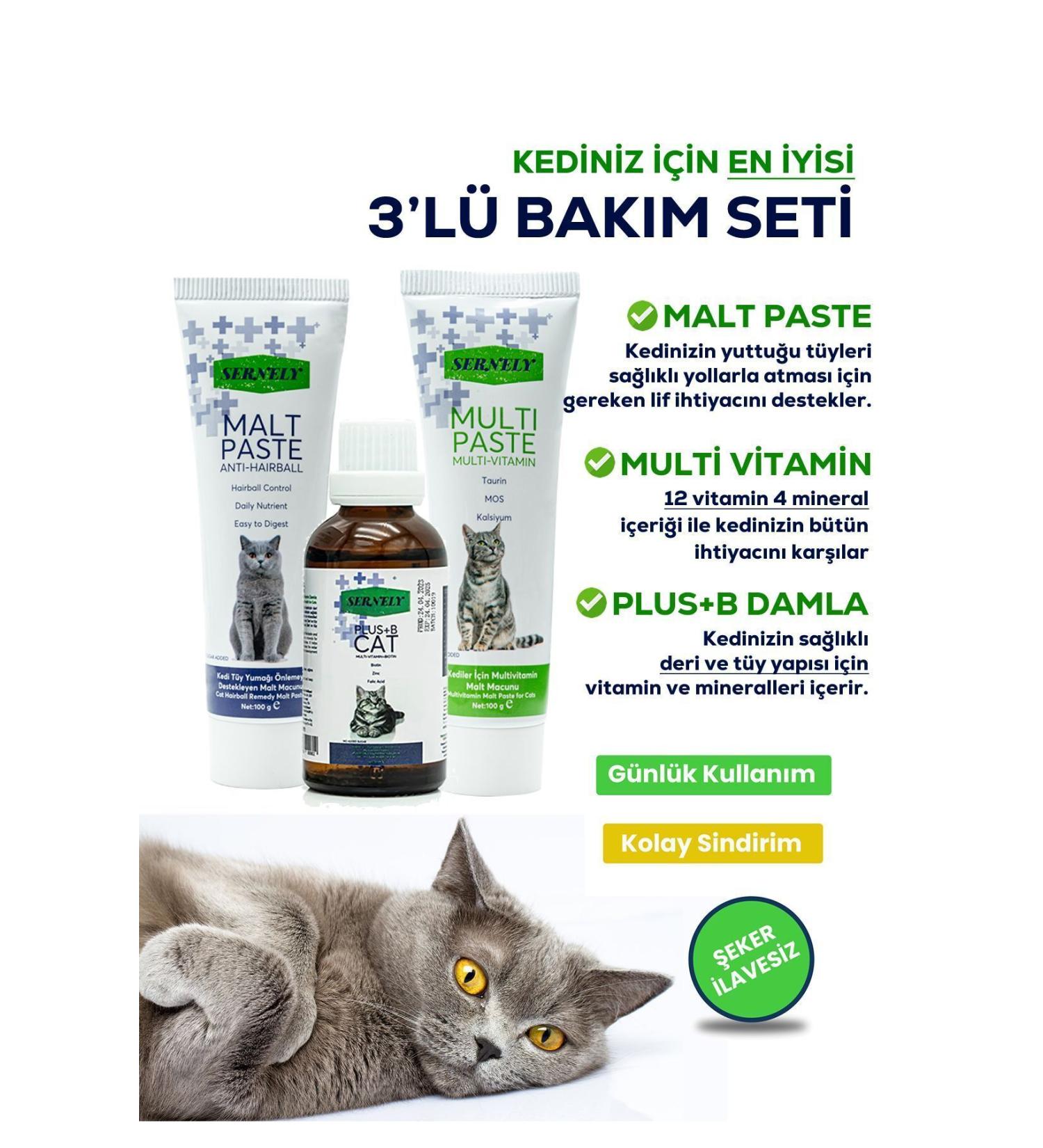 Sernely 3-Piece Cat Care Set Anti-hairball Malt Paste 100gr + Multi-paste 100gr + Plus B Drops 50 ml