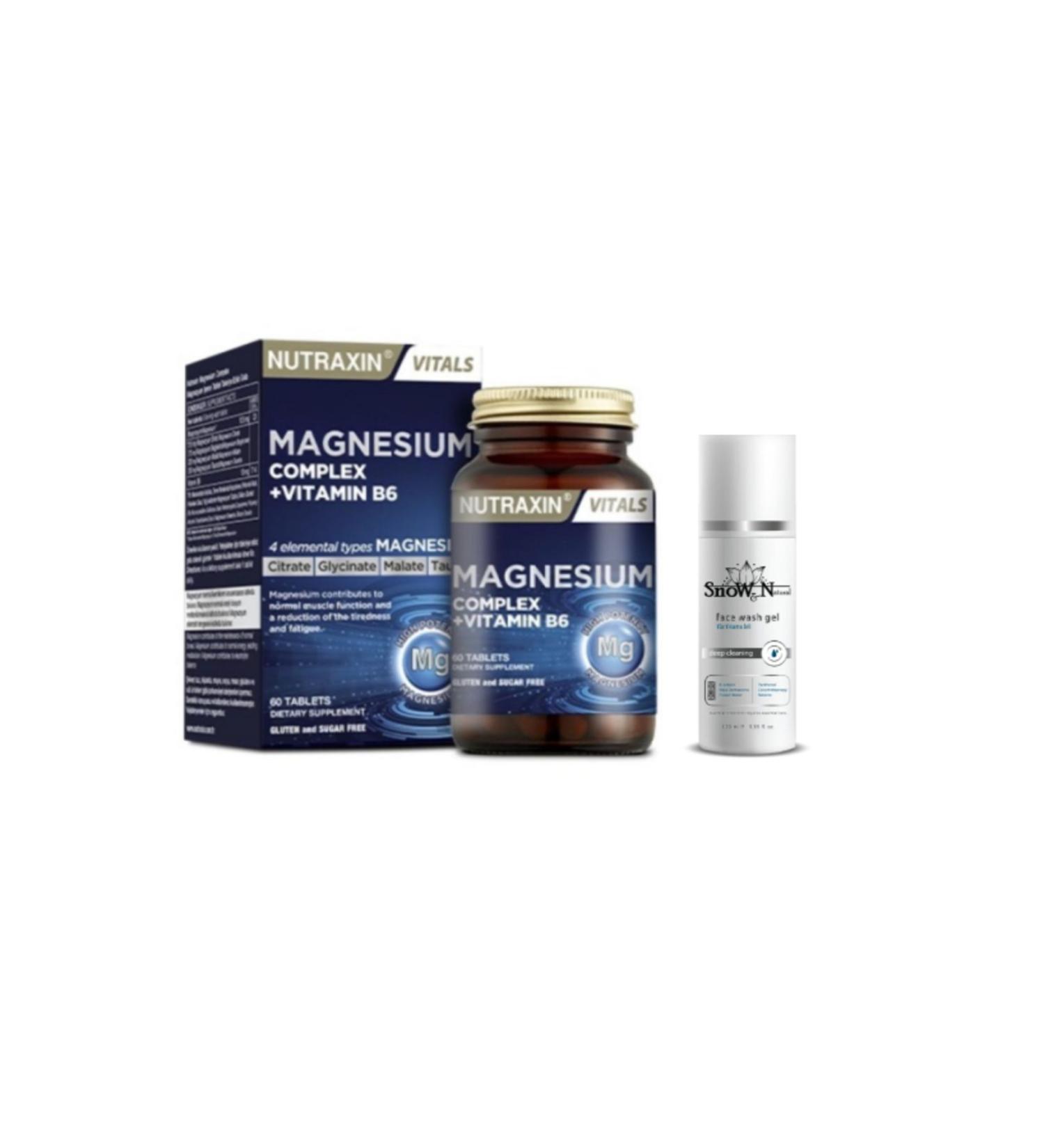 Nutraxin Magnesium Complex 60 Tablets Bisiglinate Taurate Malate Citrate B6 + Facial Cleansing Gel 100ml