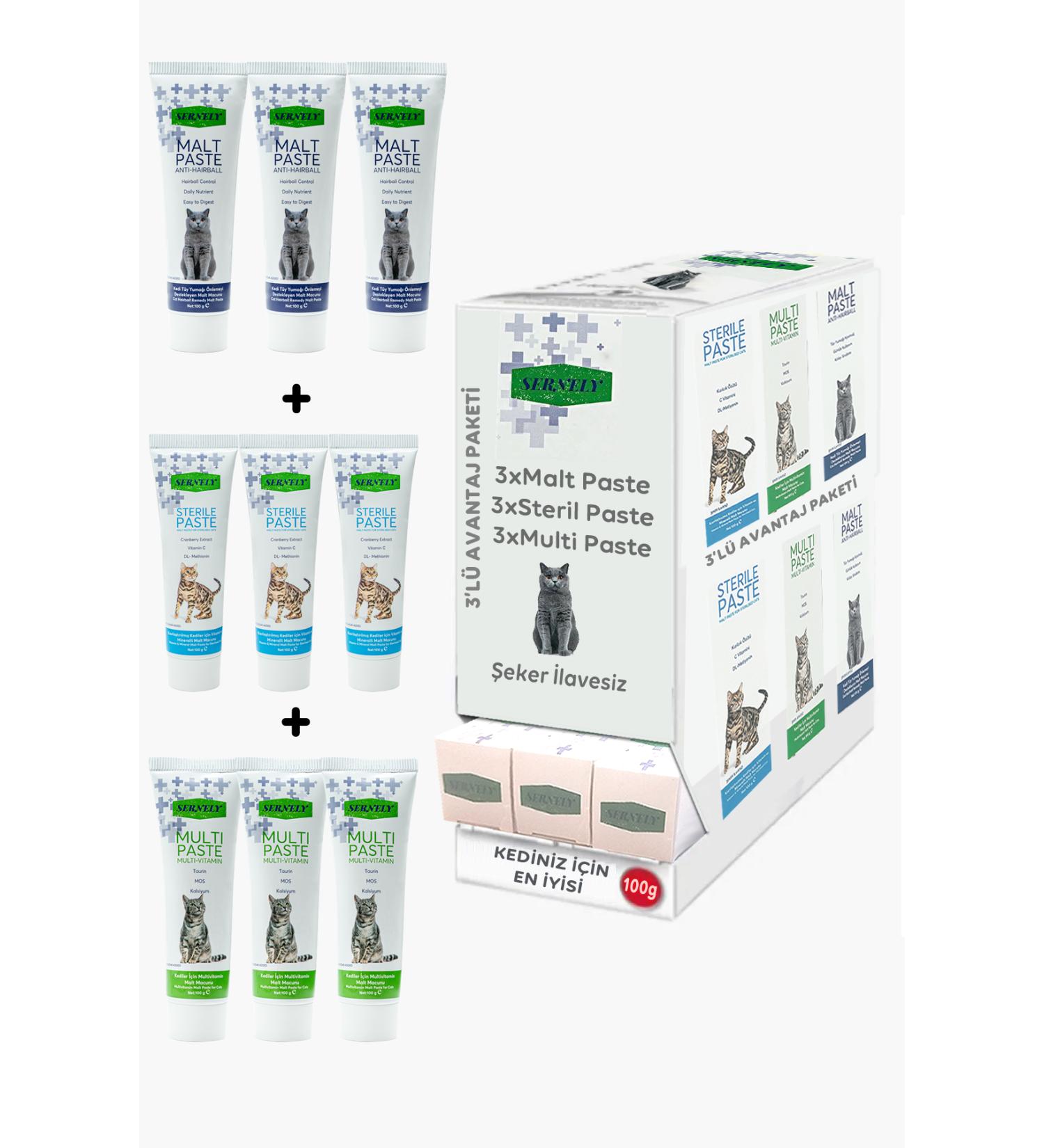 Sernely Cat Vitamin 9-piece set (Malt paste 3x100 Gr Sterile Paste 3x100 Gr Multi Paste 3x100 Gr)