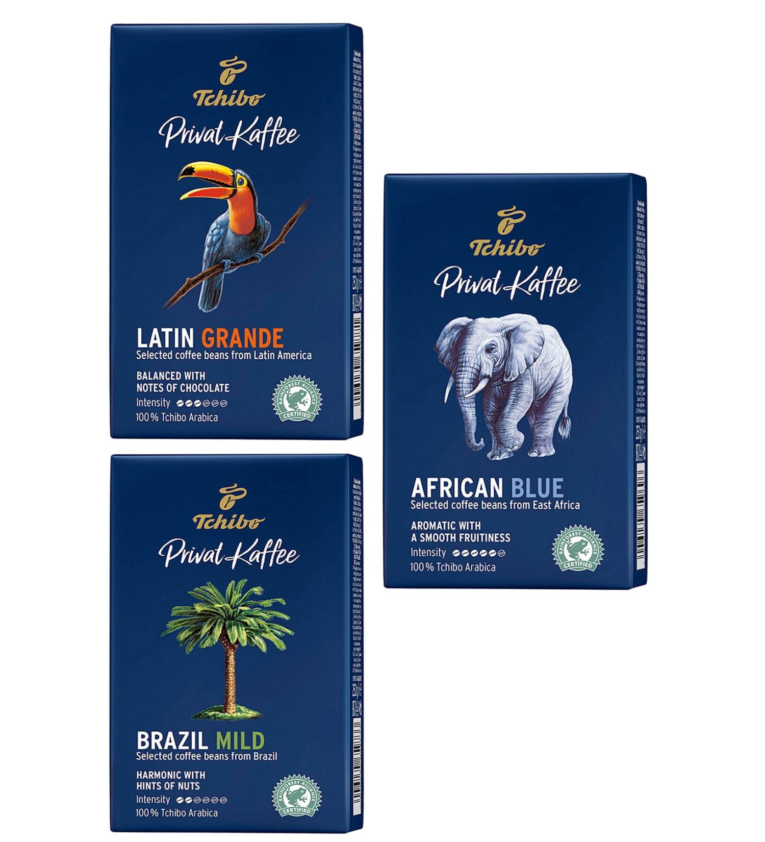 Tchibo Privat Kaffee Brazil Mild+Latin Grande+African Blue 250 Gr 3 Pack Ground Filter Coffee