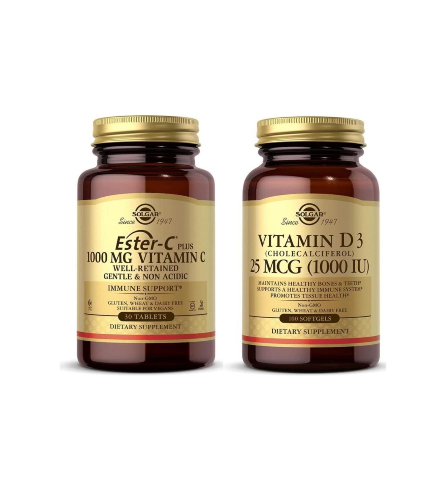 Solgar Ester-c Plus 1000 Mg 30 Tablets + Vitamin D3 Cholecalciferol 1000 Iu Softgels Unblocked - Buy Online on GoSupps.com