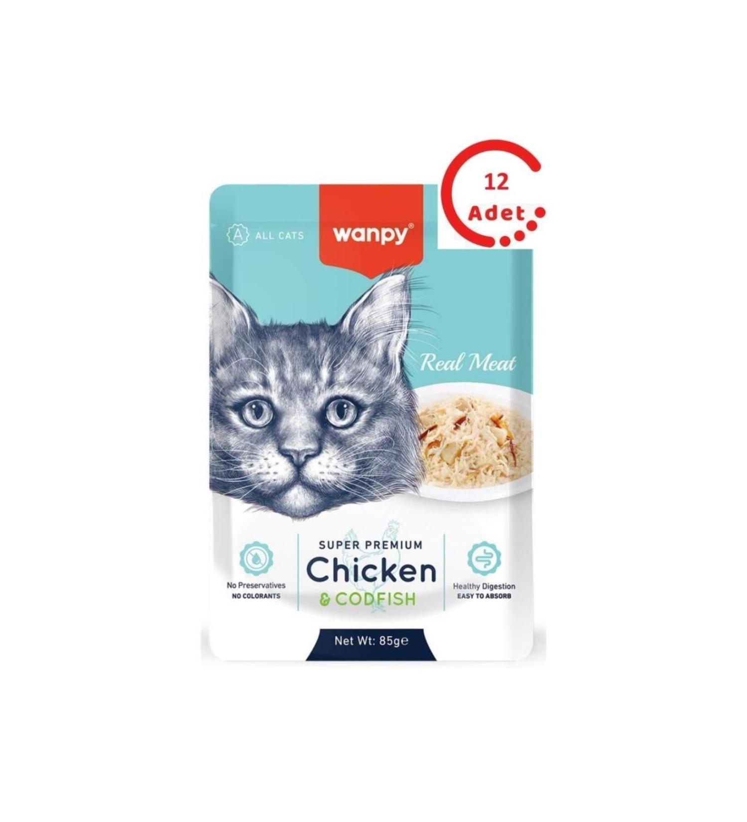 Wanpy Pouch Chicken & Cod Fish Wet Cat Food 85 gr x 12 Pieces