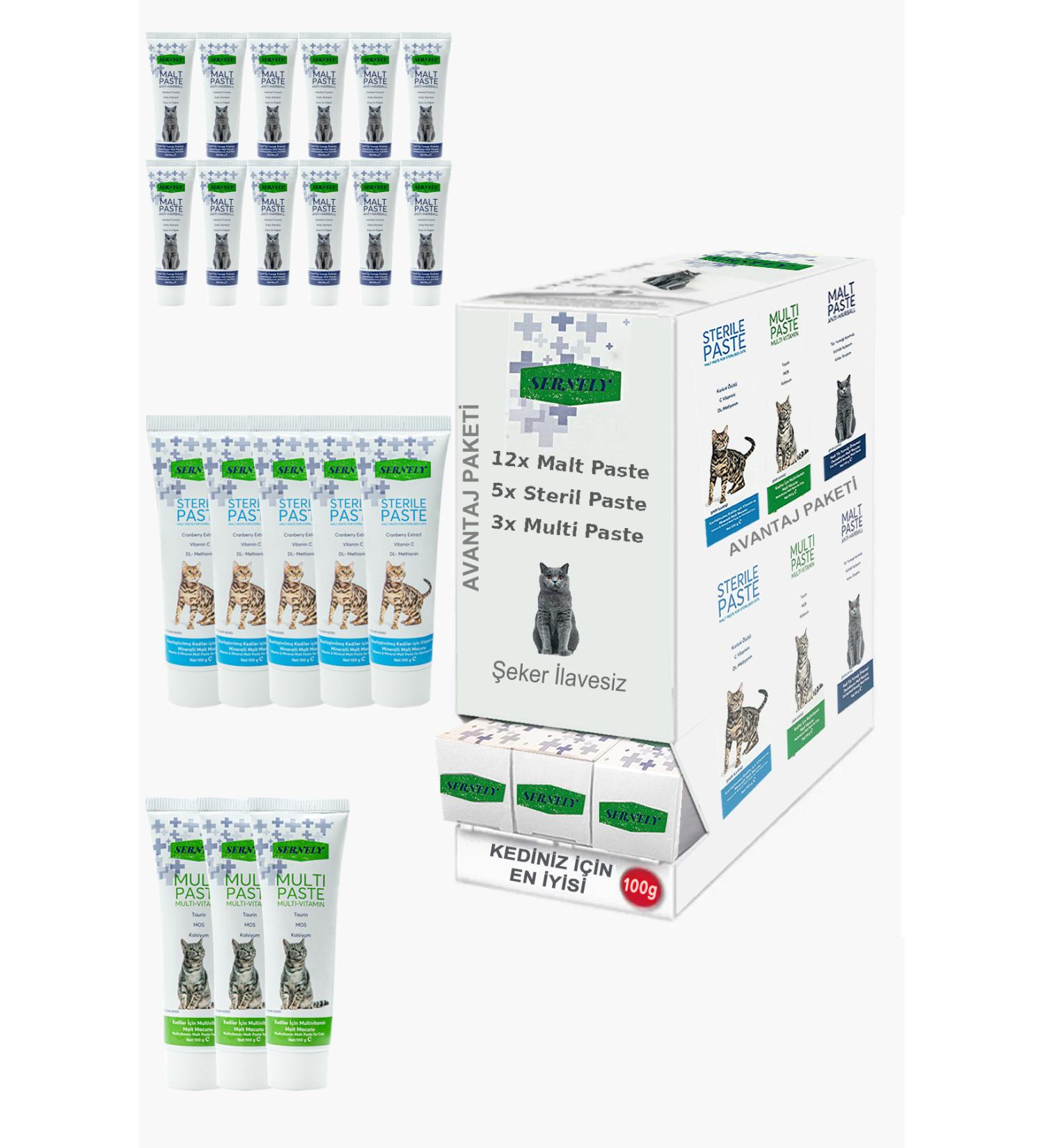 Sernely Cat Vitamin Advantage Package (Malt Paste 12x100gr Sterile Paste 5x100gr Multi Paste 3x100gr)-255