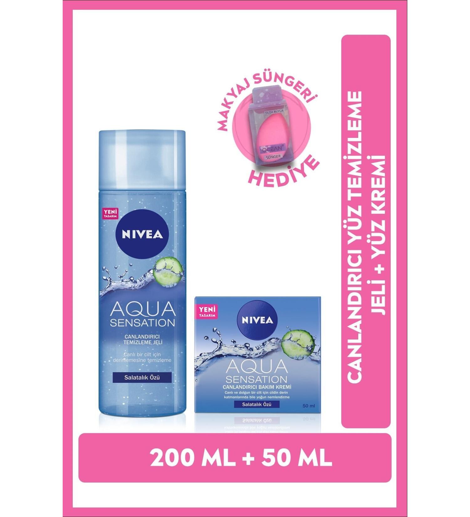 NIVEA Face Cream and Refreshing Face Cleansing Gel Aqua Sensation 200 Ml Make-up Sponge Gift - Buy Online on GoSupps.com
