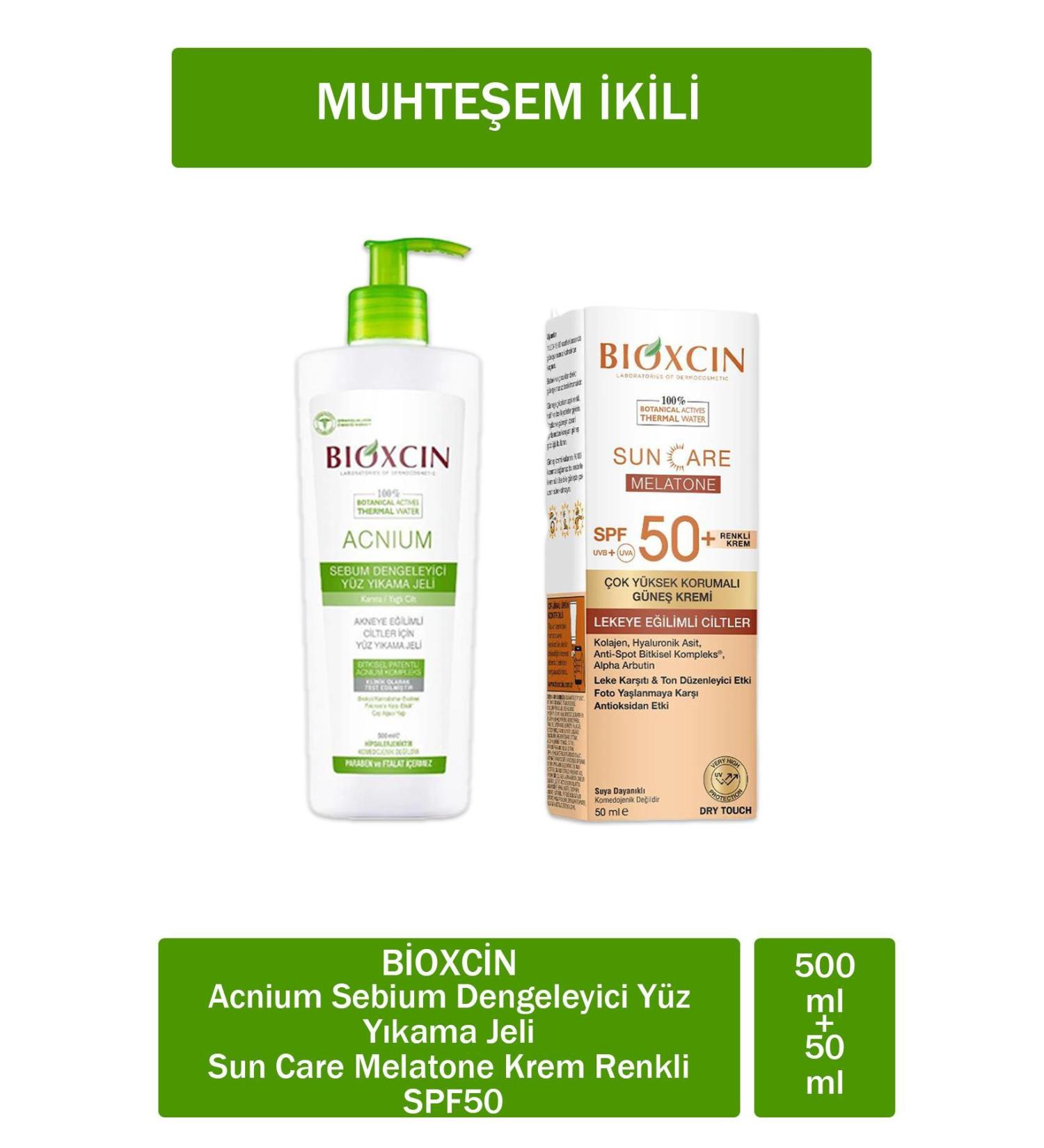 Bioxcin Acnium Sebium Balancing Face Wash Gel 500 Ml + Bioxcin Sun Care Melatone Cream Color SP - Buy Online on GoSupps.com