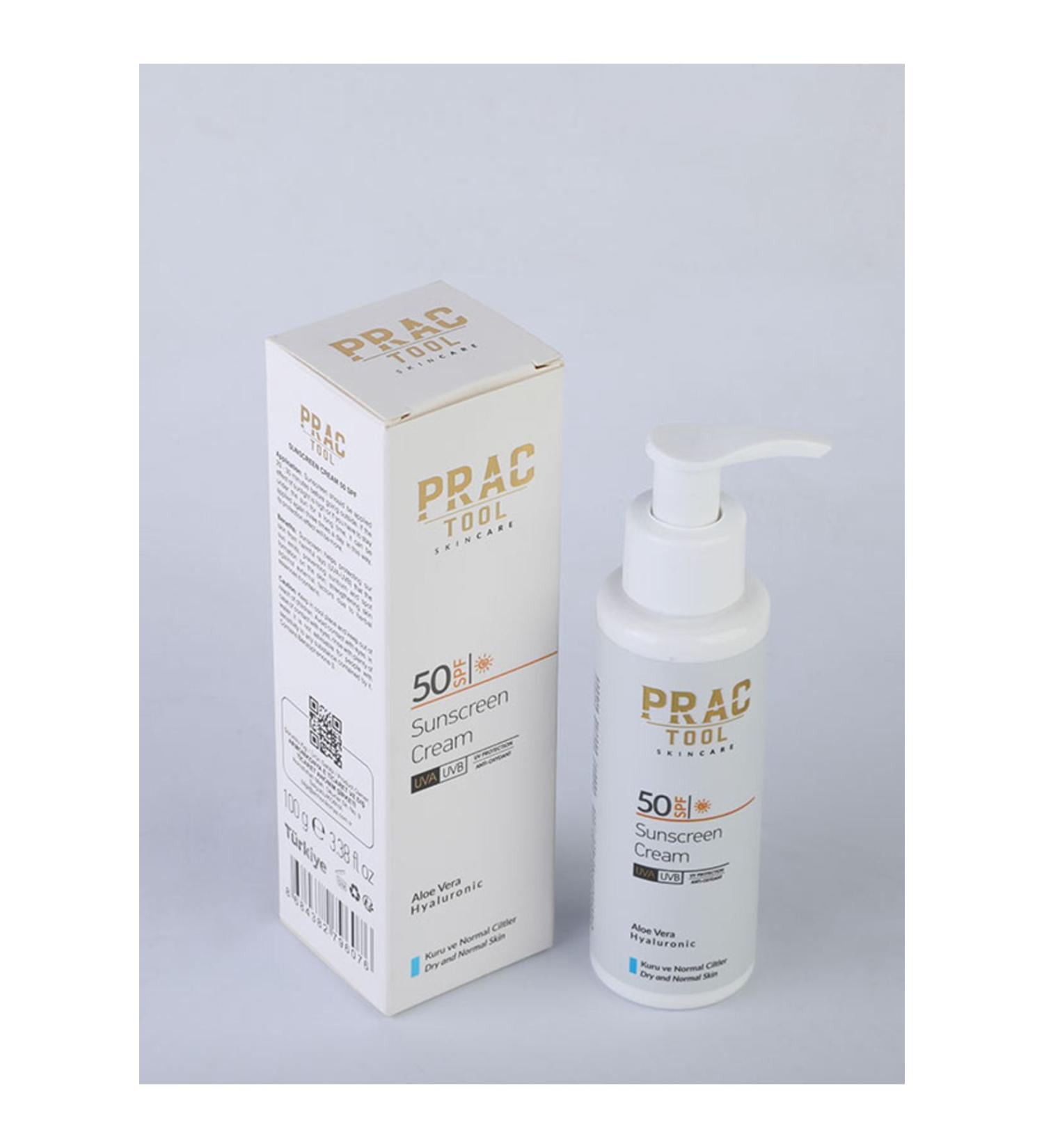 PracTool Sunscreen for Dry and Normal Skin Aloe Vera & Hyaluronic Acid Effective High Protection +50SPF