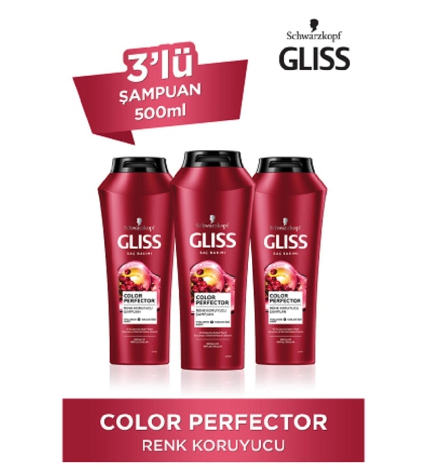 Gliss Color Perfector Color Protection Shampoo - With Hyaluron Elixir and Cranberry Extract 500 ml X 3 Pcs - Buy Online on GoSupps.com