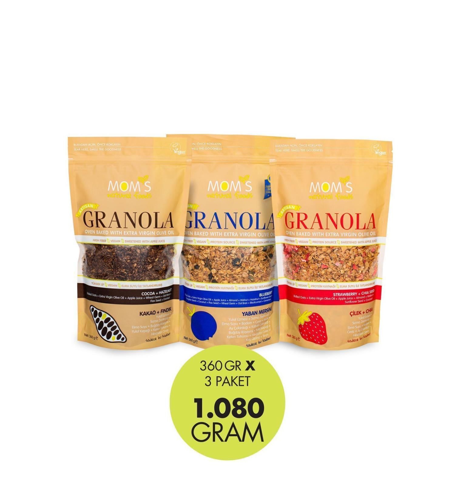 Mom's Natural Foods 3-PACK GRANOLA COCOA-HAZELNUT 360 G / BLUEBERRY 360 G / STRAWBERRY-CHIA 360 G