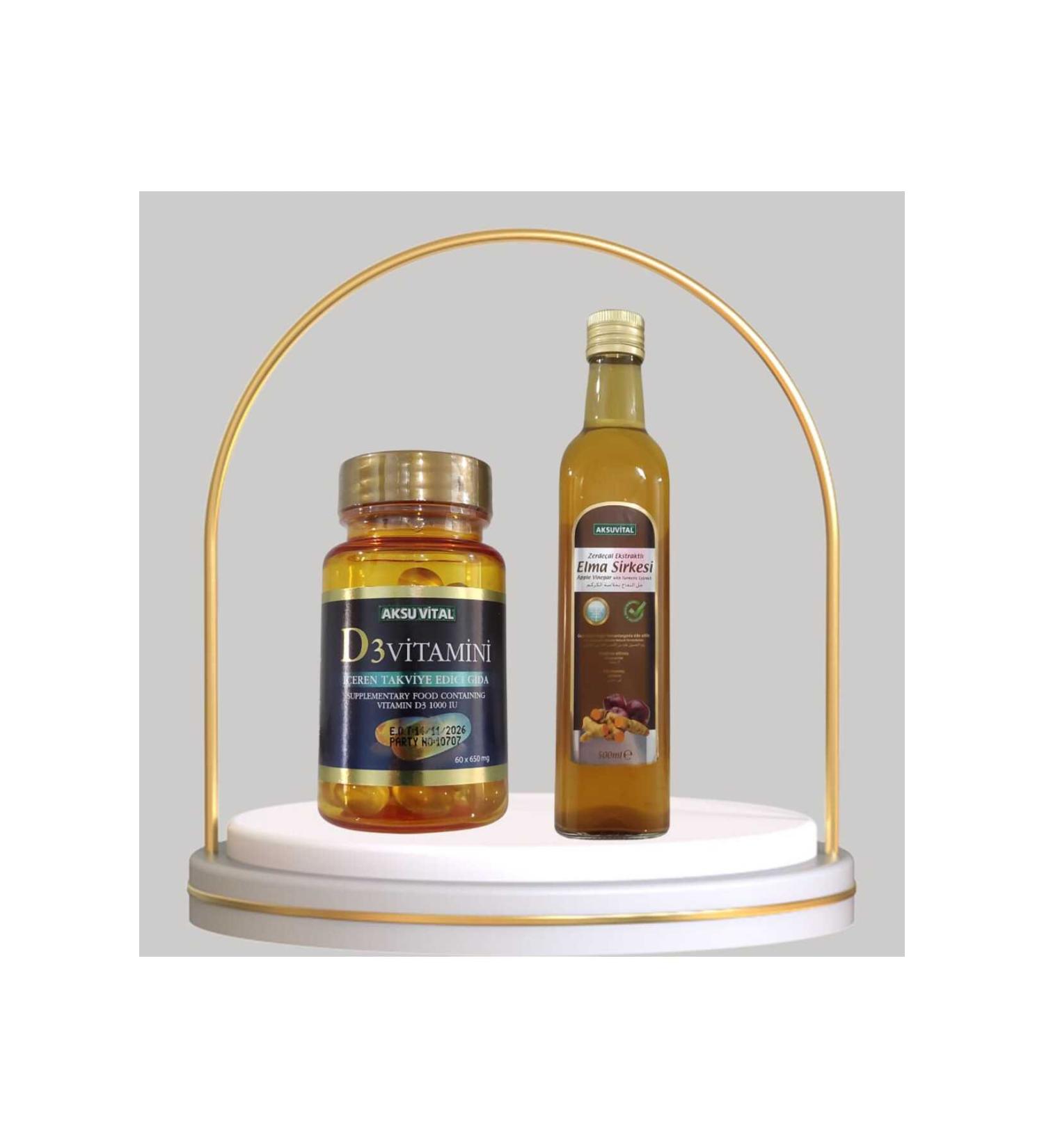 Aksu Vital Vitamin D3 60 Softgel + Apple Cider Vinegar with Turmeric Extract 500 ml