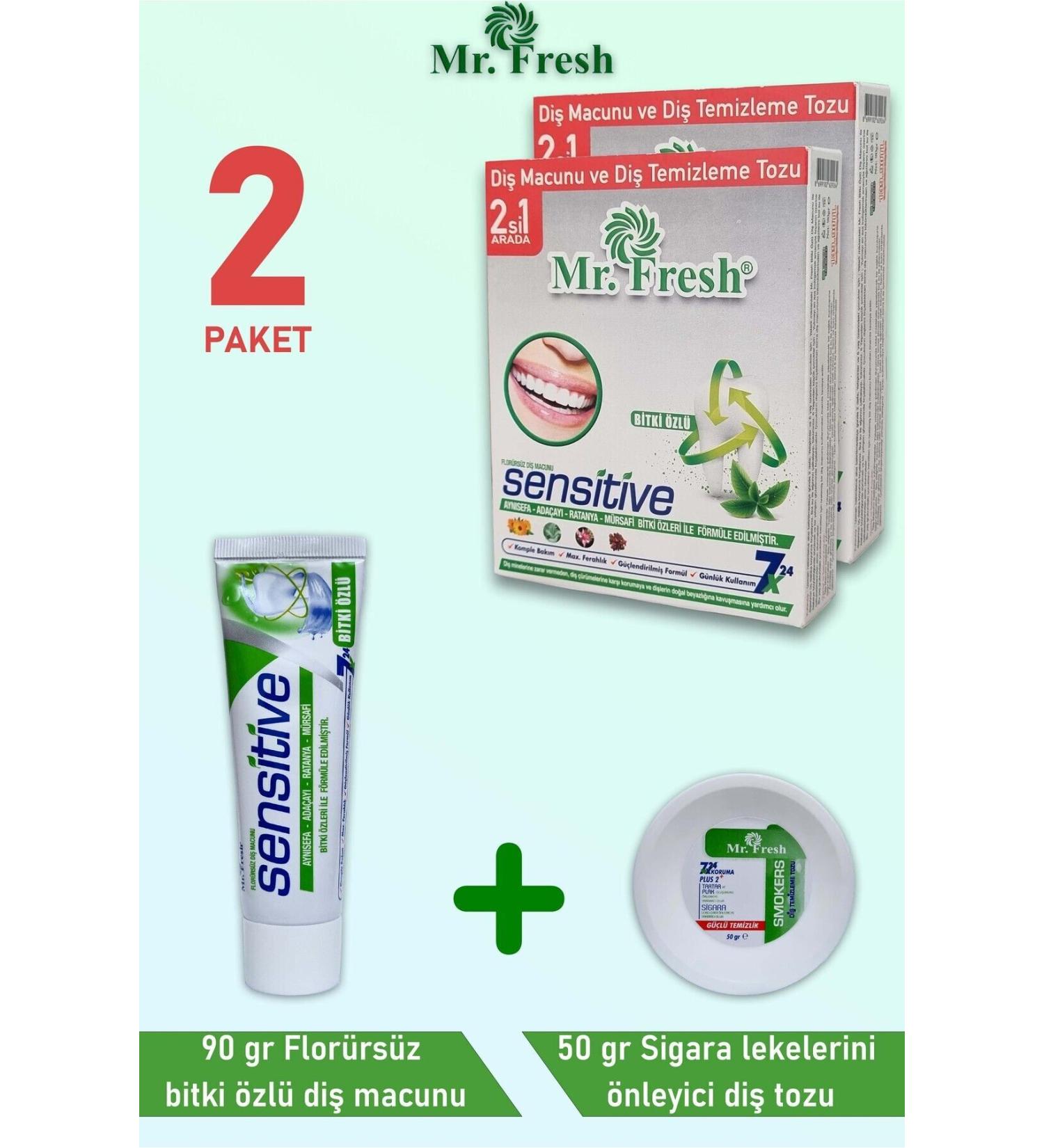 Mr.Fresh Herbal Essence Toothpaste 90 gr and Teeth Cleaning Powder 50 gr 2 in 1 2 Pack