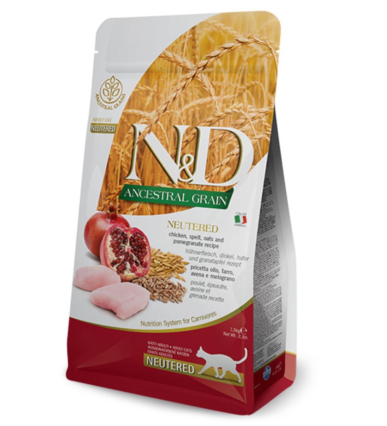 N & D Sterilized Cat Food 1.5kg Low Grain Chicken Boneless Wheat Oats Pomegranate Ancestral Grain