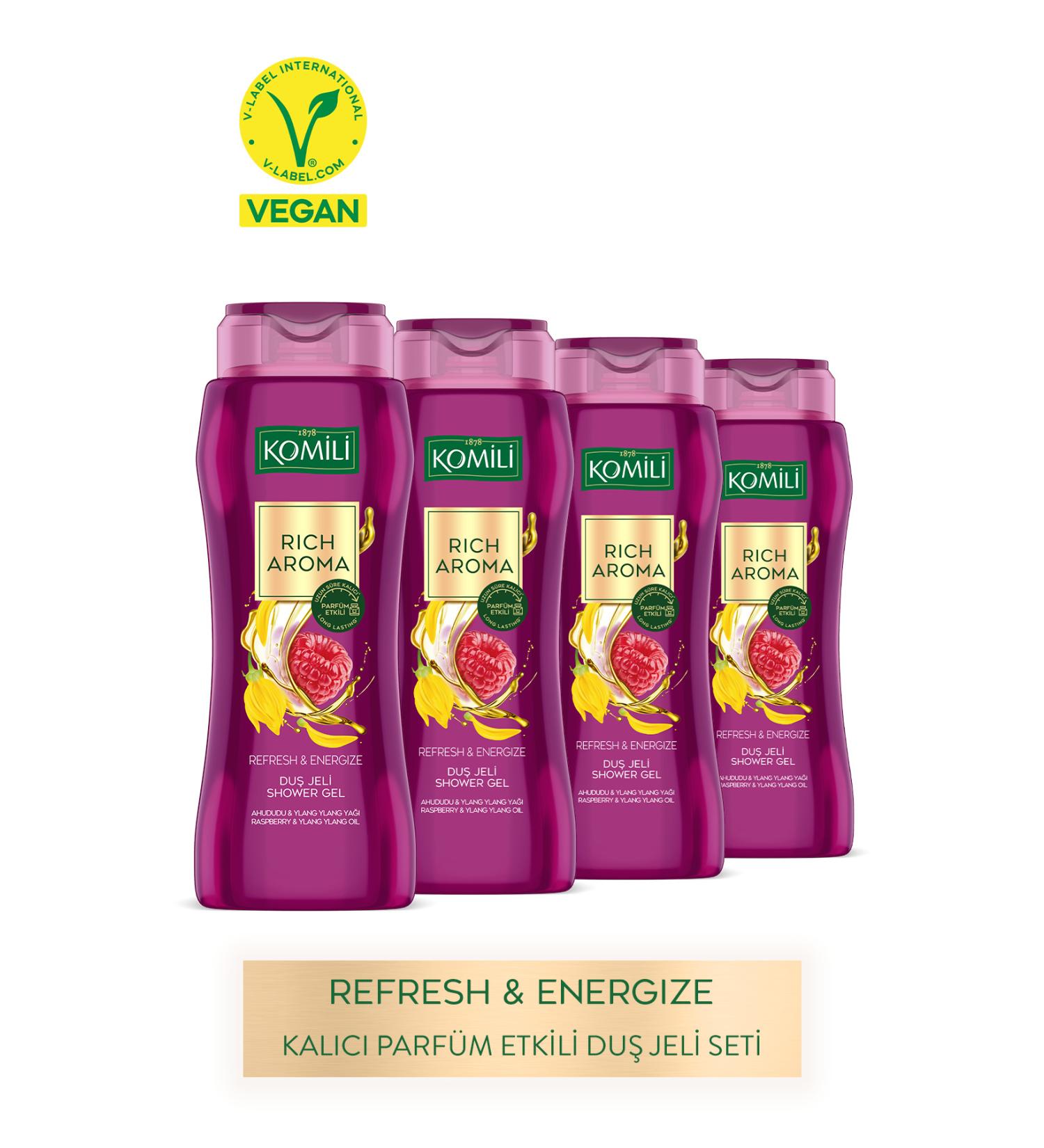 Komili Rich Aroma Shower Gel Set - Raspberry & Ylang Ylang - Lasting Perfume Effect - 4X500 ML - Buy Online on GoSupps.com