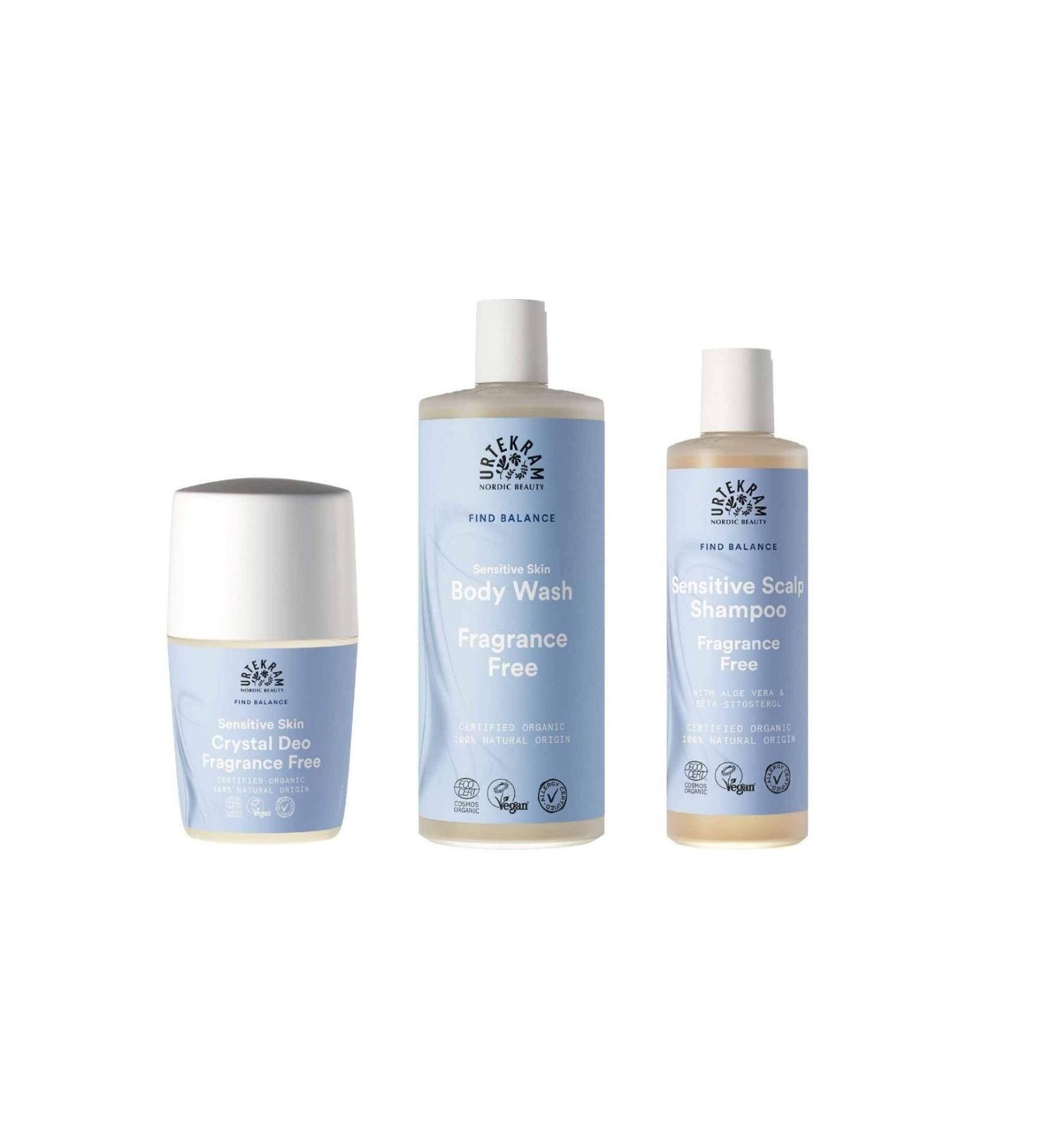 Urtekram Find Balance Unscented Shampoo 250 Ml - Shower Gel 500 Ml - Roll-on 75 Ml - For Sensitive Skin