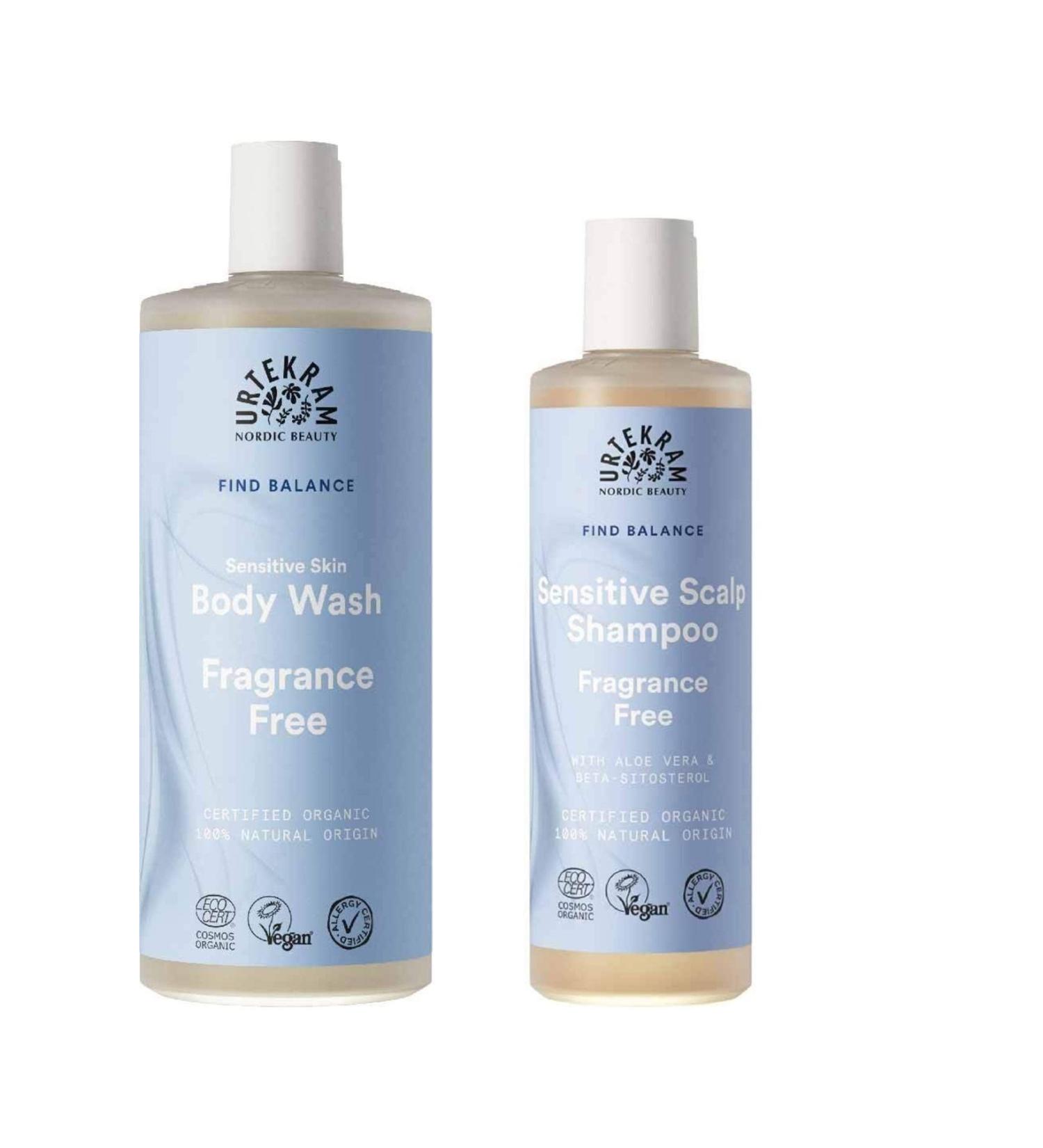 Urtekram Find Balance Unscented Shampoo 250 Ml and Shower Gel 500 Ml - For Sensitive Skin