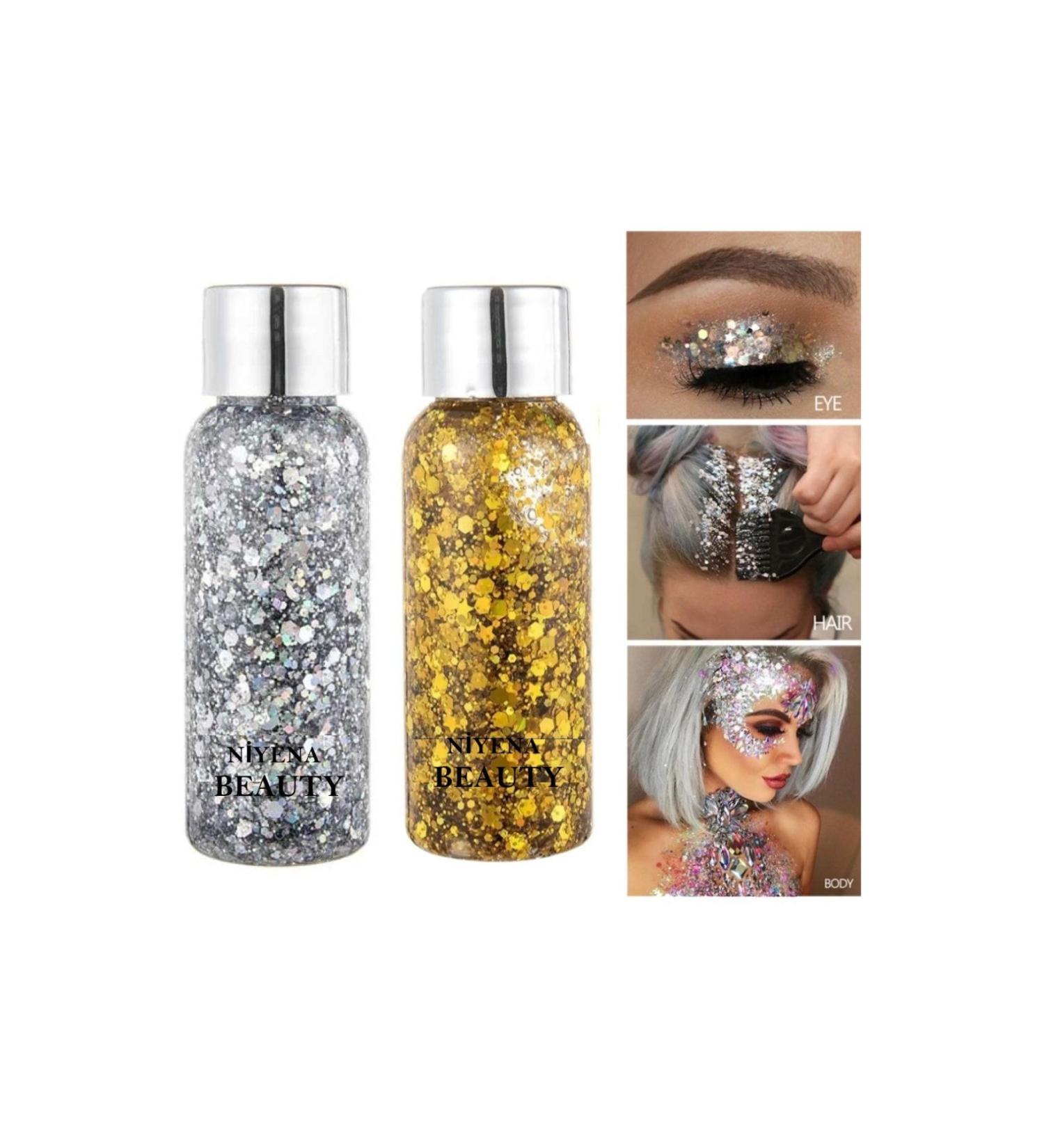 N YENABEAUTY Gel Form Shiny Glitter Face Makeup & Body & Hair Gold and Silver Color 2 Piece Set