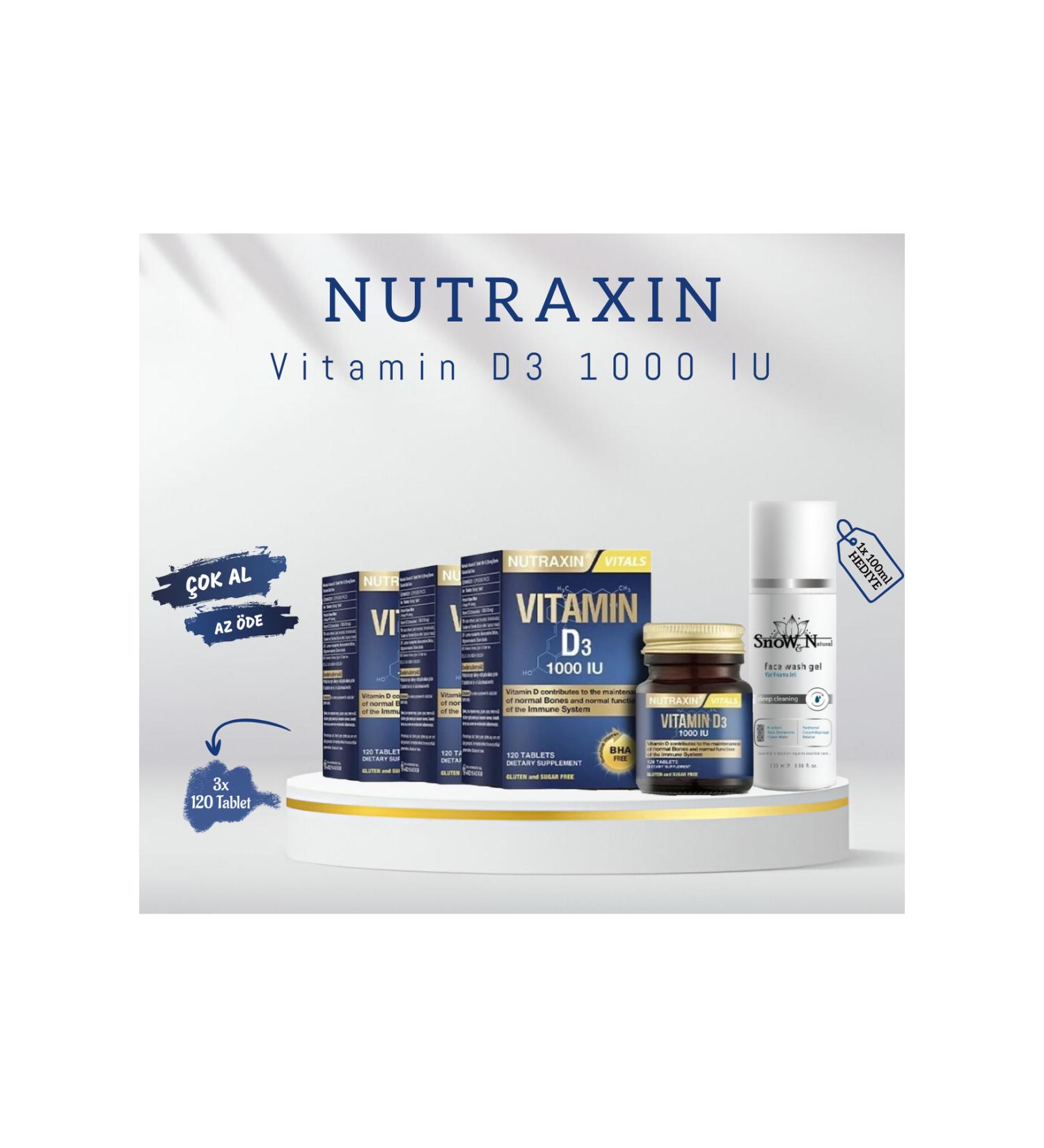 Nutraxin Vitamin D3 1000 IU 120 Tablets 3 Pieces + Facial Cleanser Gel 100ml