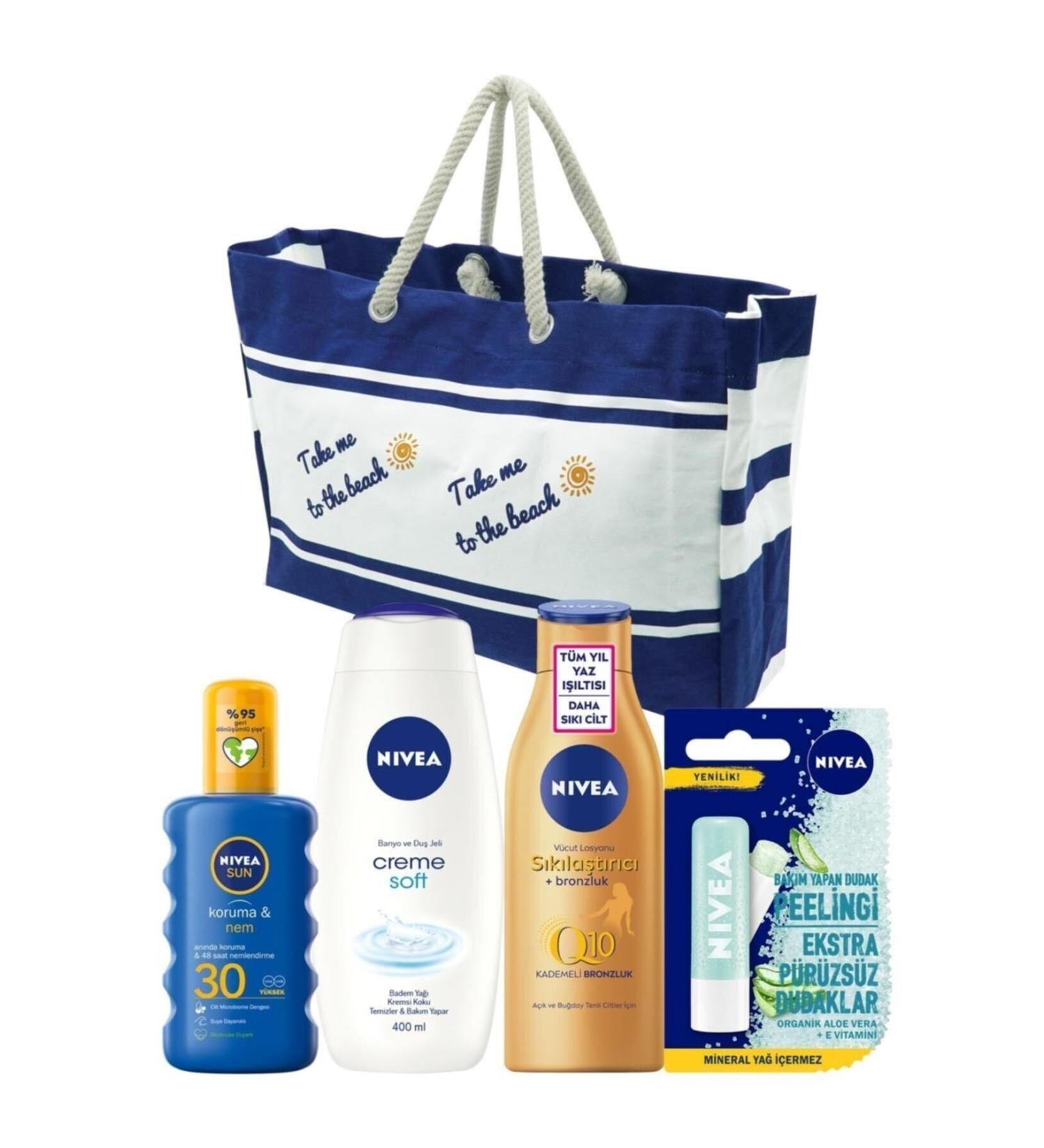 NIVEA Protection & Moisture Sun Spray Gkf30 + aloevera Lip Peeling + soft Shower Gel + q10 Tan Lotion + beach Bag