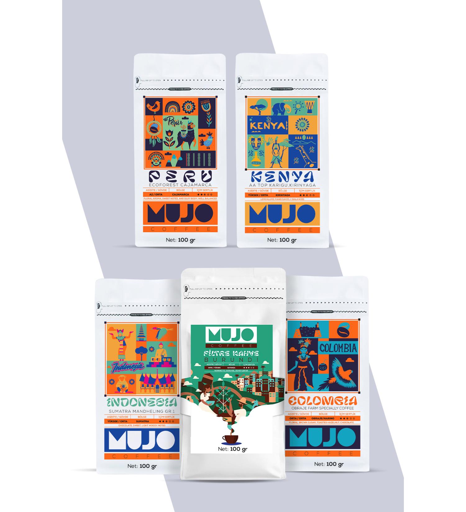 Mujo Coffee 5-Piece Regional Coffees Trial Packs 5x100gr