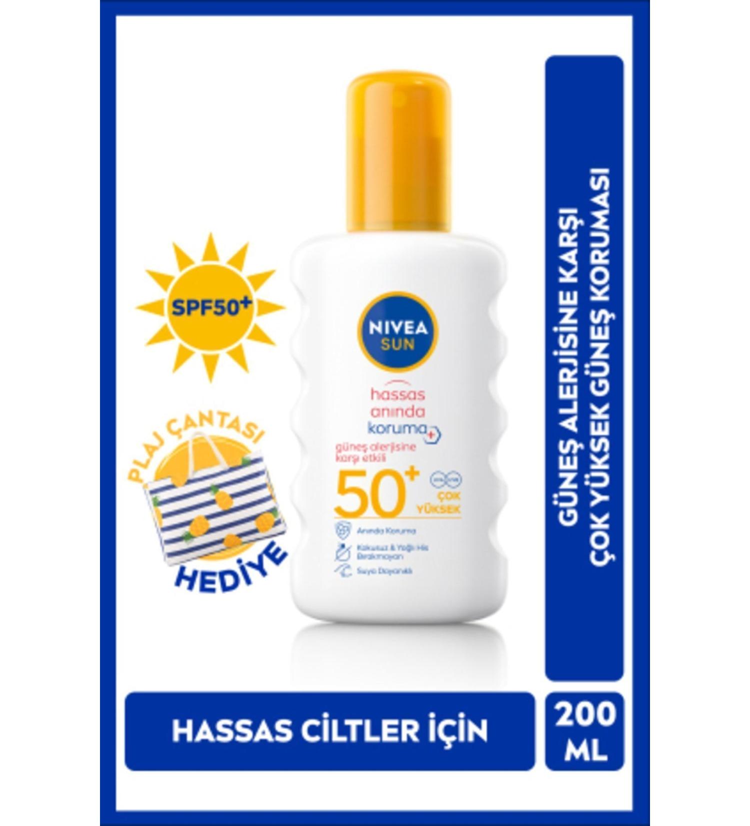 NIVEA Sun SPF 50+ Sensitive Protection Against Sun Allergy Sun Cream 200 ml Spray Beach Bag Gift - Buy Online on GoSupps.com