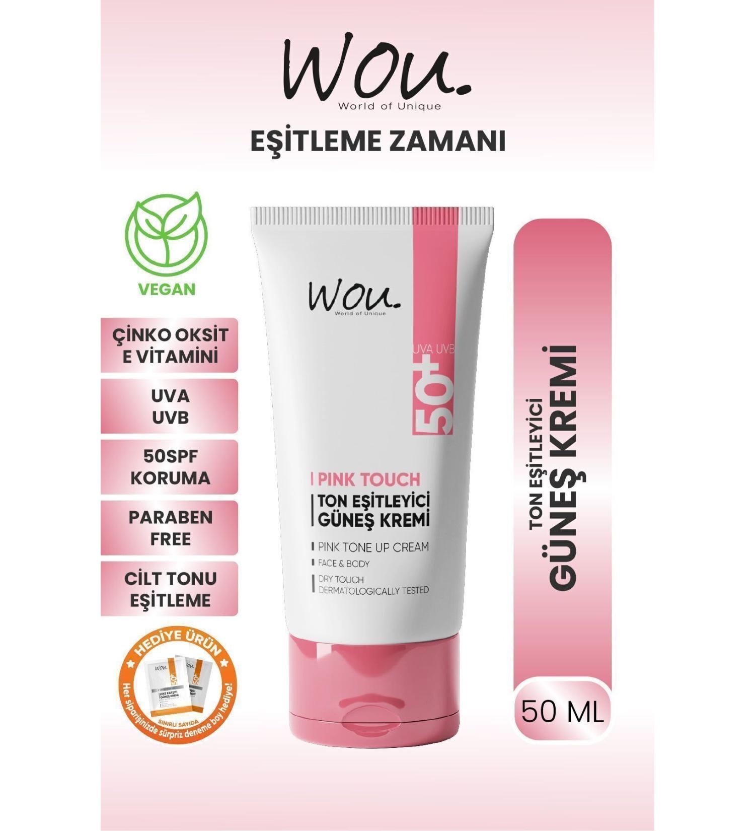 WOU World of Unique Wou Pink Touch Tone Equalizer and Brightener High Protection Effective Spf50 Sun Cream 50ml-All Skin