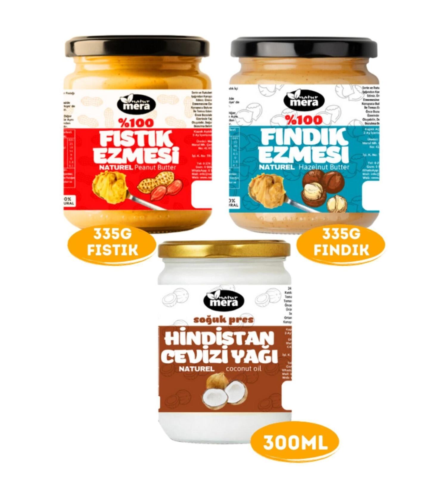 Naturmera 0 Pure No Sugar Added Peanut Butter 335 G + Hazelnut Butter 335 G + Coconut Oil 300 Ml