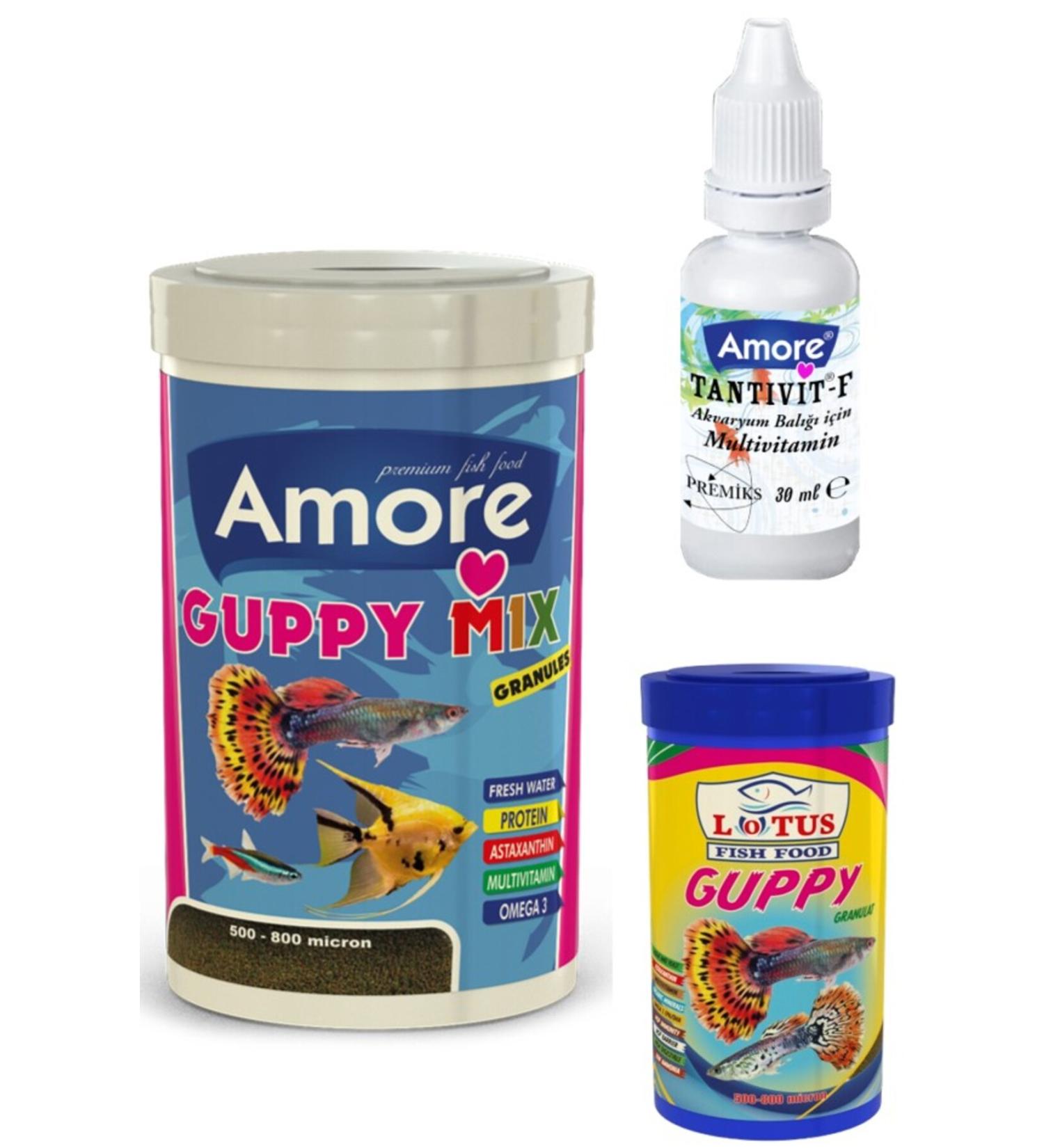 AMORE Guppy Mix Granules Guppy Moli Angel Tropical Aquarium Fish Food and Vitamin 250+100 Ml Lotus